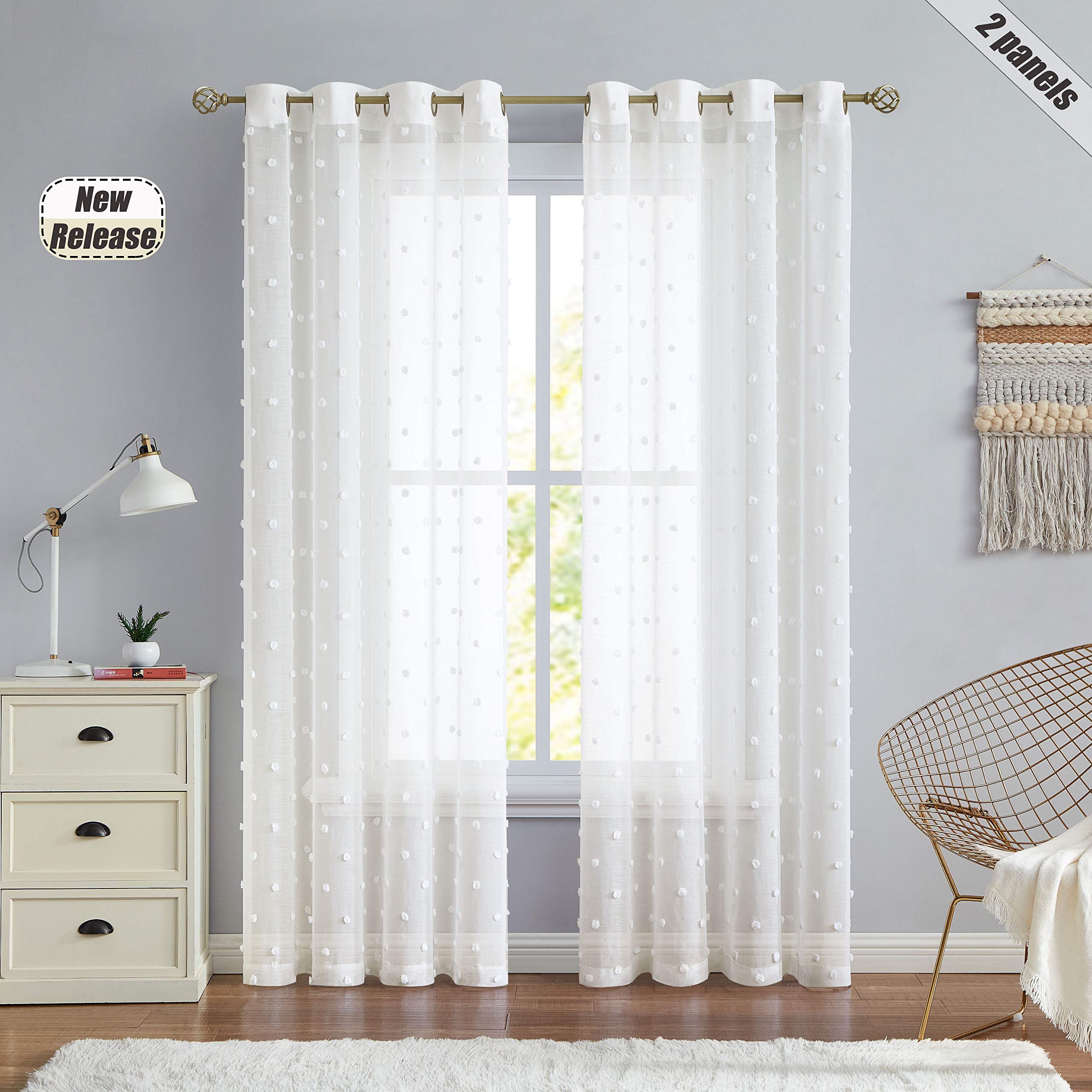 Beauoop Ivory Sheer Embroidered Pom Pom Curtain Panels - Elegant Grommet Top Window Drapes for Nursery, Girls Room, Living Room & Bedroom - Set of 2 (54