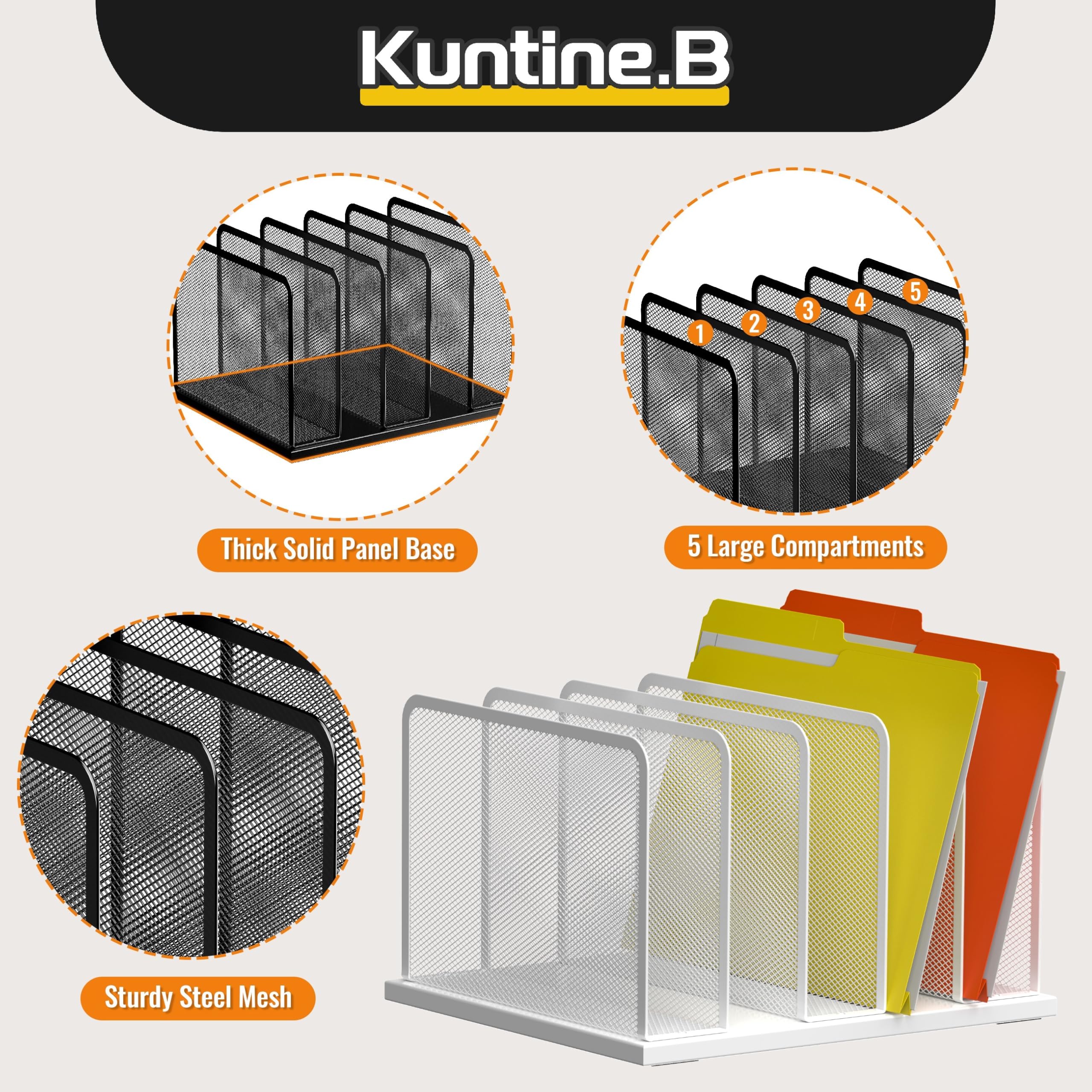Kuntine.B Mesh Desk File Organizer - 5-Section Upright Desktop File Sorter for Office Documents, Papers & Folders - Perfect for Home Office, Classroom & Workspace Organization (White, 1 Pack)