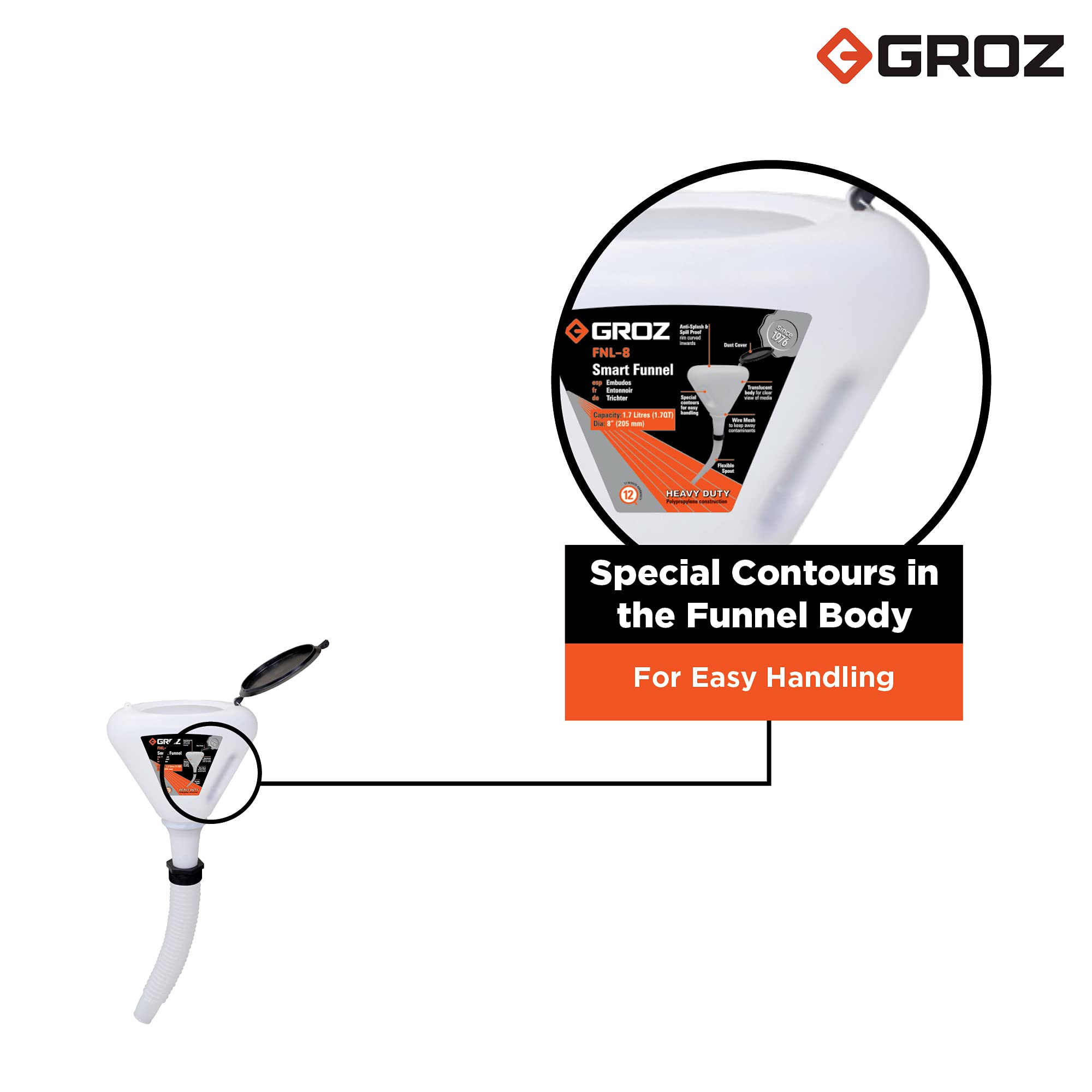 Groz Smart Funnel for Gasoline, Diesel, Kerosene - V-Shaped Funnel with Built-in Filter, Cap & Flexible Spout - 1.7 Liter Capacity - Perfect for Automotive, Marine & Home Fuel Transfer - FNL/8
