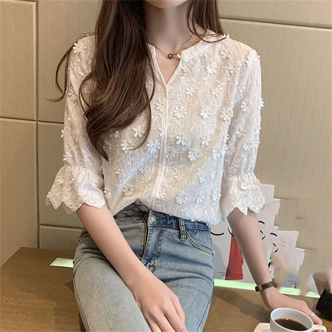 Women's Crochet V-Neck 3/4 Sleeve Boho Blouse with 3D Floral Embroidery - Loose Fit Casual Tunic Top (White, Size M) | Perfect for Beach Vacations, Summer Outings & Boho-Chic Fashion