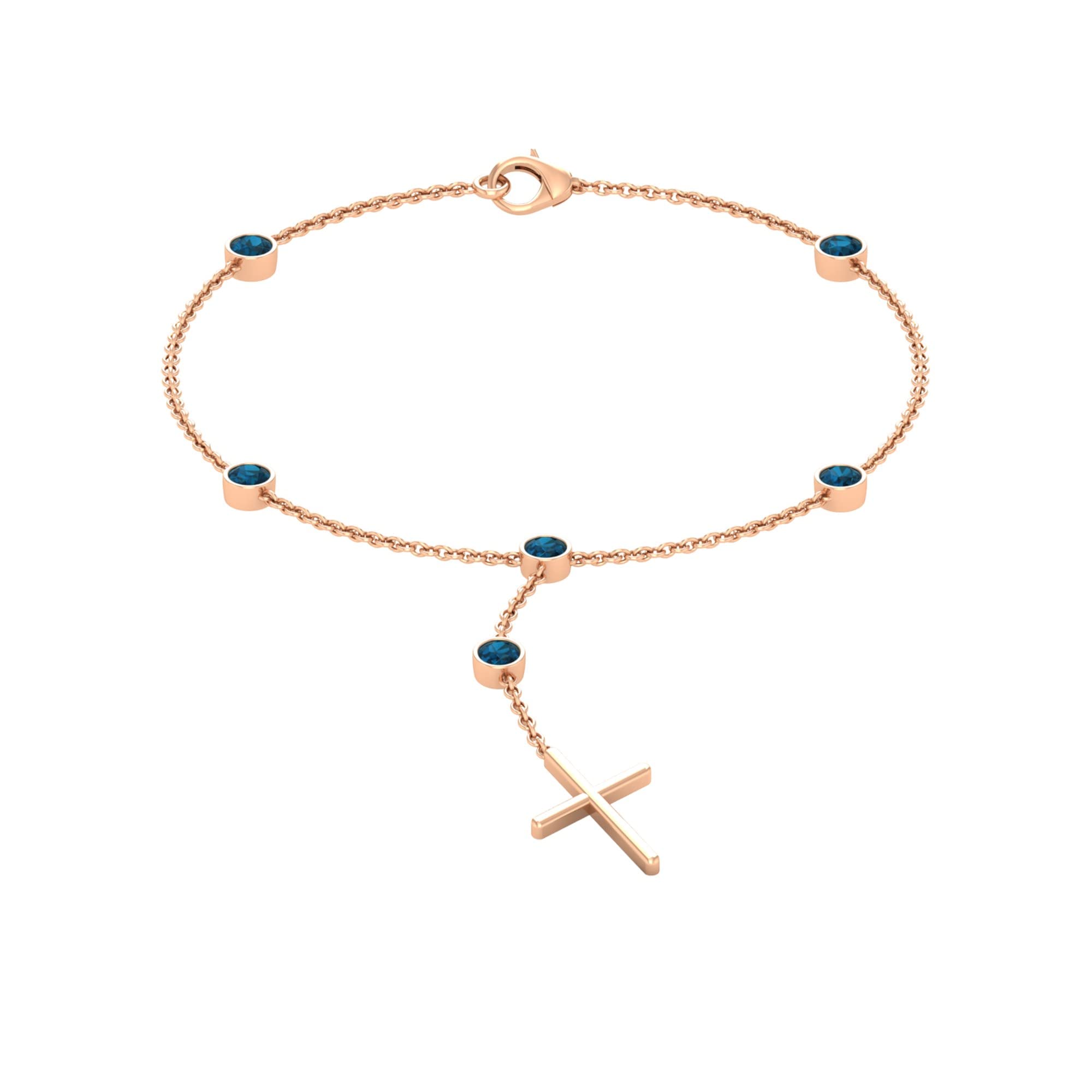 3/4 CT London Blue Topaz Station Chain Bracelet for Women - 14K Solid Gold Cross Charm Bracelet with Bezel Set December Birthstone | Elegant Gift for Christmas, Birthday & Anniversary