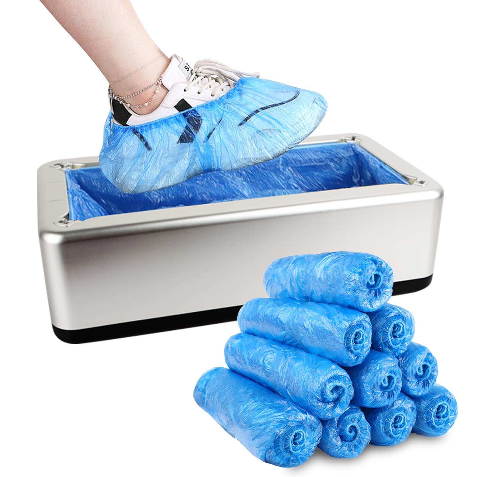 Automatic Shoe Cover Dispenser Machine with 200 Disposable Shoe Covers - Waterproof & Dustproof Boot Covers for Medical, Home, Office & Retail Use - Silver (Ideal for Hospitals, Clinics, Clean Rooms & Industrial Areas)