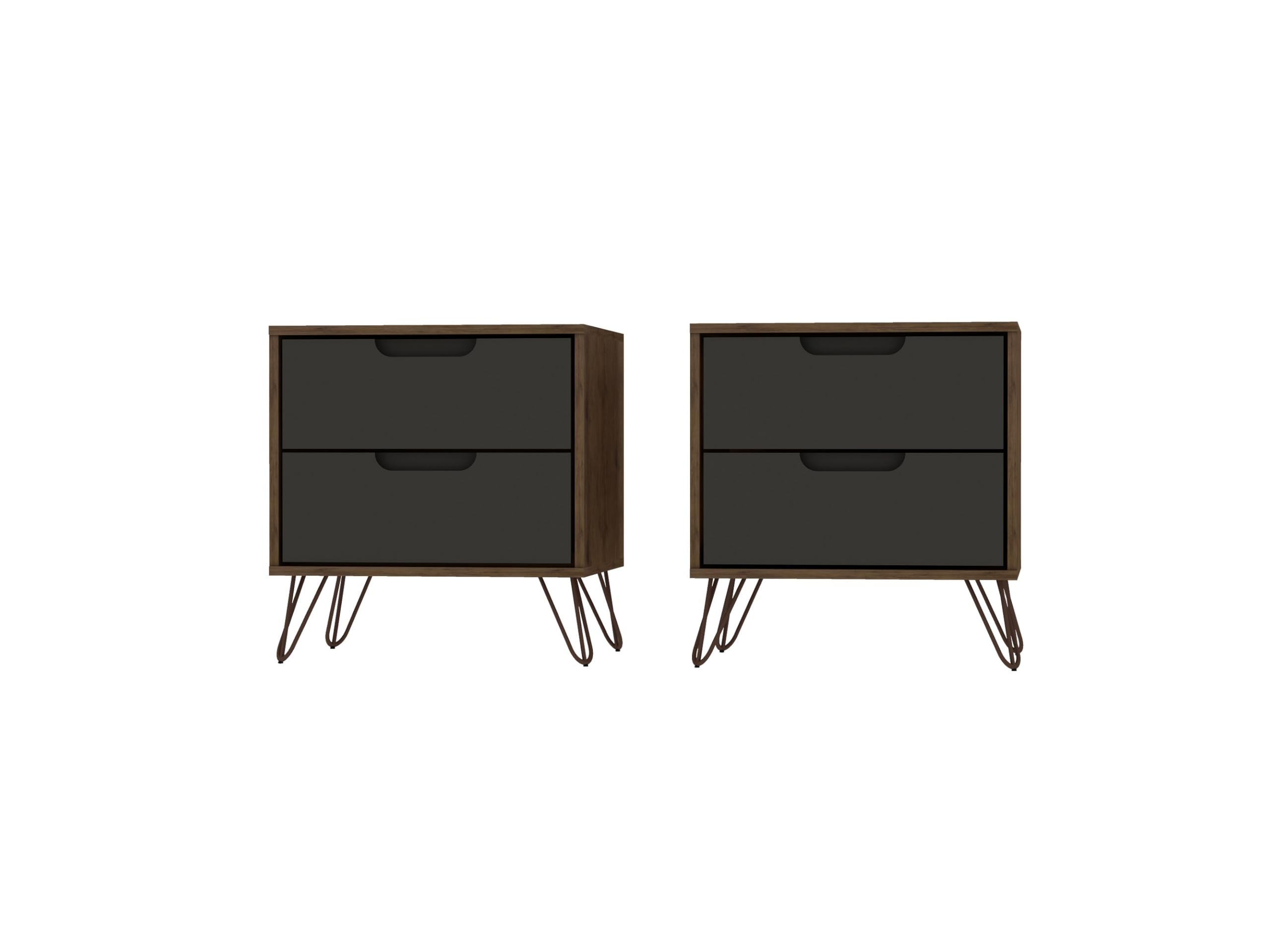 Mid Century Modern Nightstands Set of 2 - Manhattan Comfort Rockefeller Bedside Tables with Drawers, Minimalist Display & Storage Organizer for Bedroom - Grey Wood Night Stands for Living Room, Guest Room & Apartment Decor