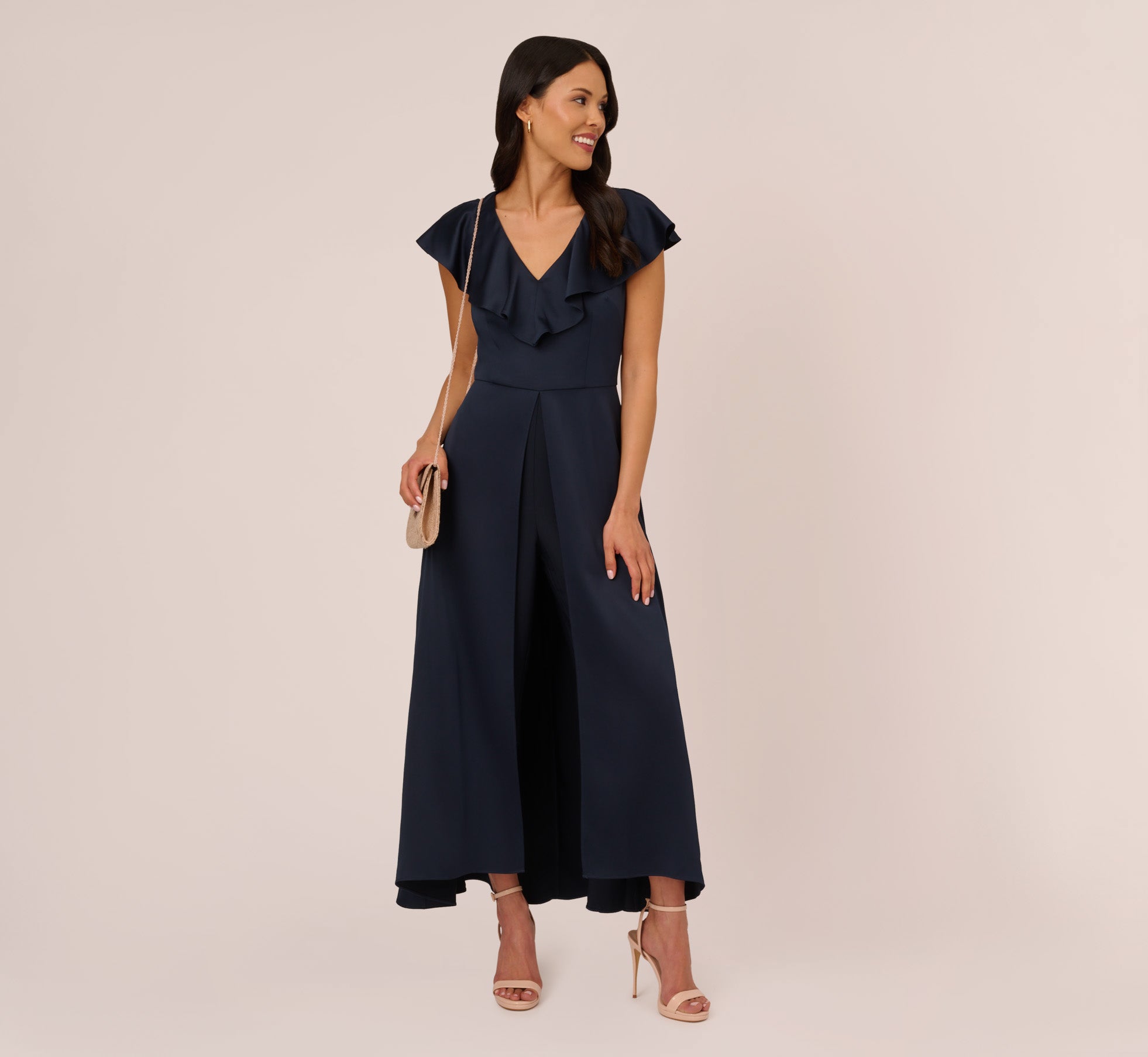 Dark Navy Satin Crepe Ruffled Cropped Jumpsuit for Women - Elegant Party Outfit & Summer Evening Wear