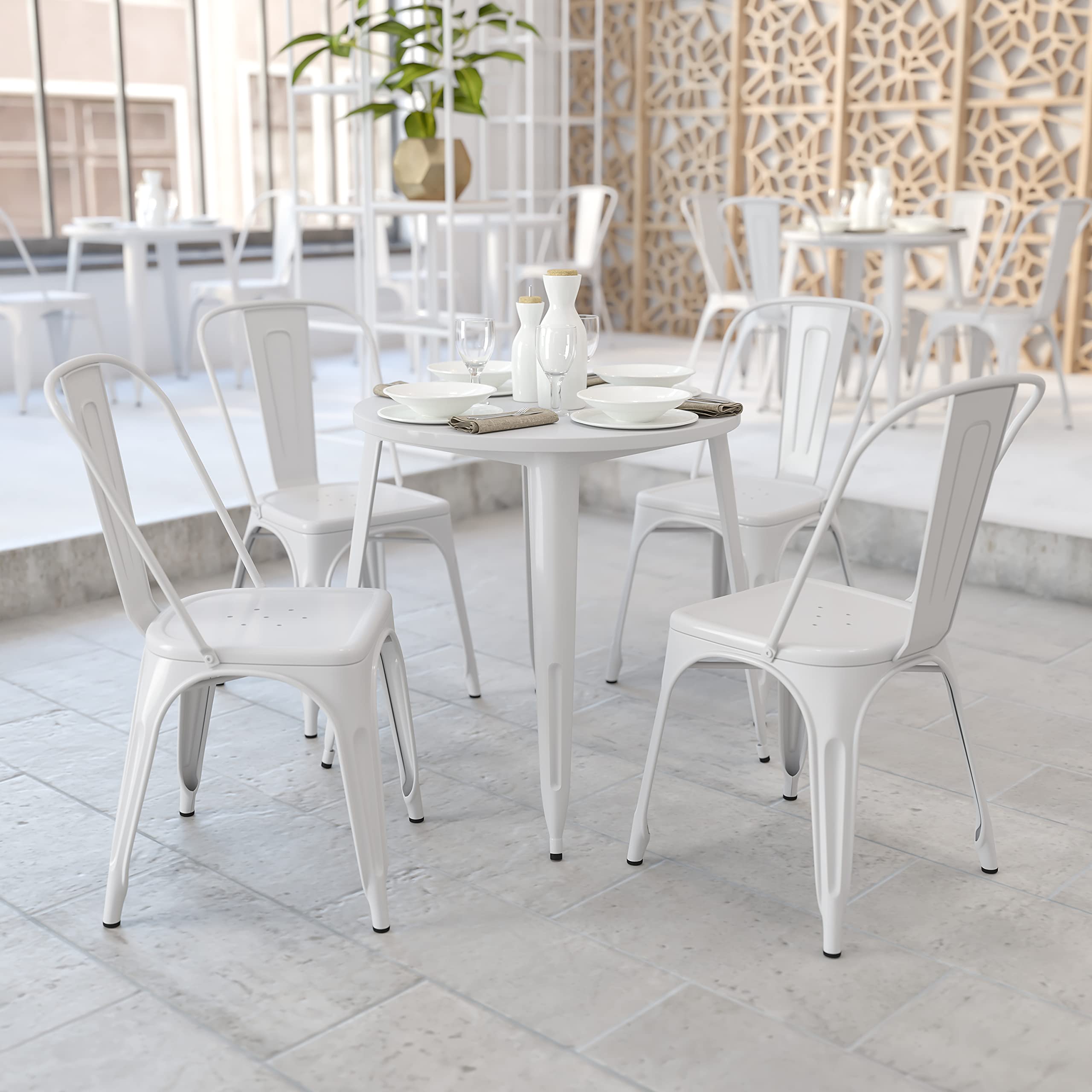 EMMA + OLIVER 30 Inch Round White Metal Table - Commercial Grade Indoor Outdoor Dining Table for Patio, Restaurant, Cafe, and Garden Use