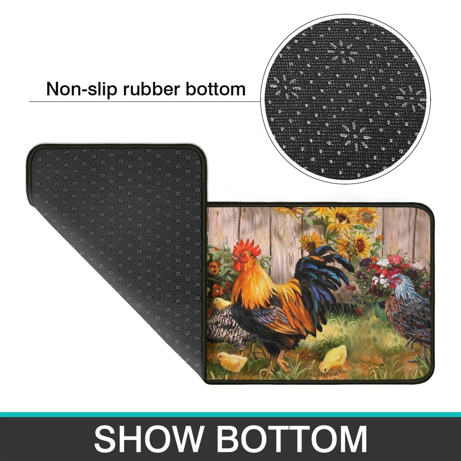 Rooster Theme Kitchen Rug 2-Piece Set - Farmhouse Decor Non-Slip Washable Floor Mats with Chicken & Sunflower Design (17