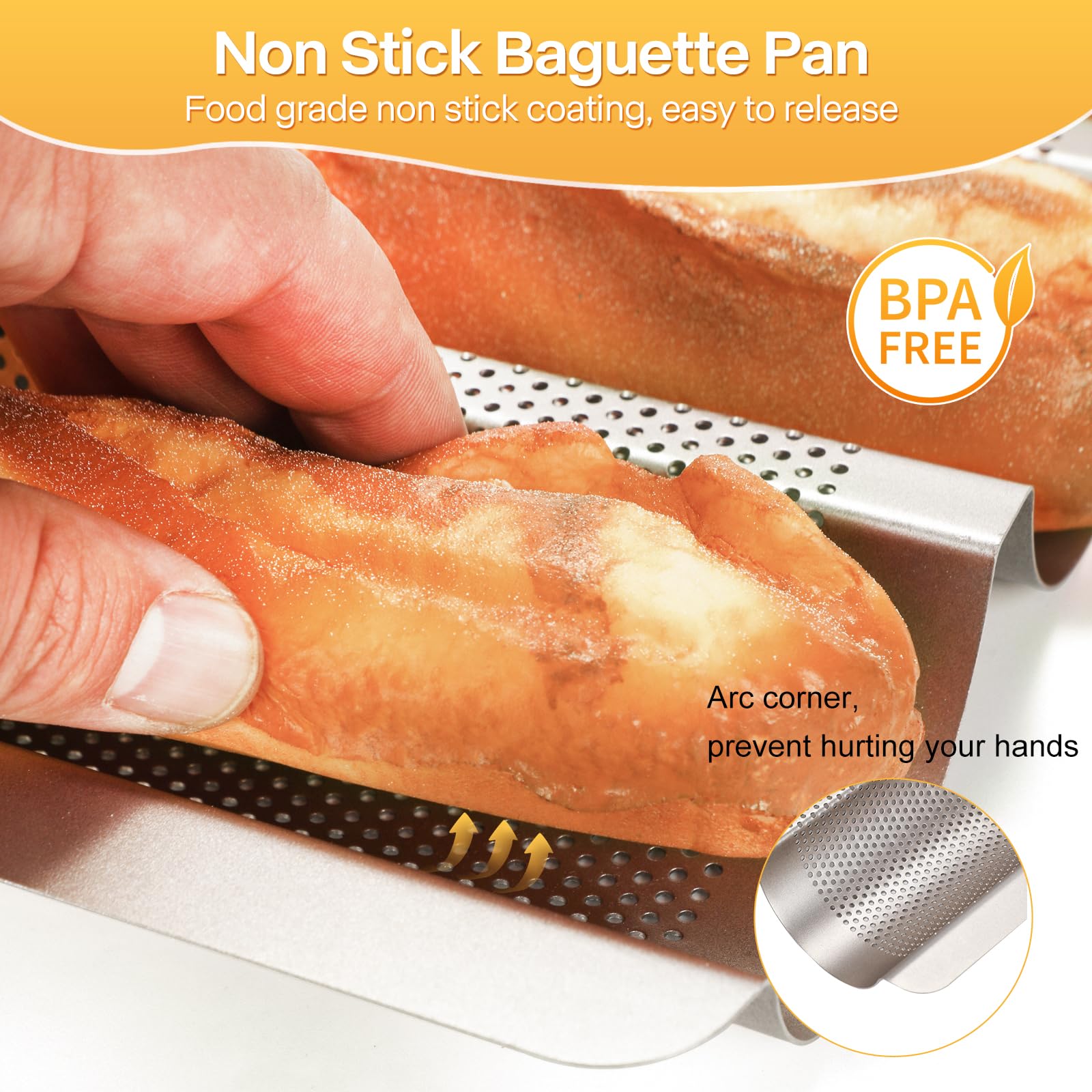 Nonstick Perforated Baguette Bread Pan - 3 Loaf French Bread Baking Tray with Proofing Cloth & Dough Cutter Kit - 15x11 Inch Gold for Home Bakers | Perfect for Artisan Bread, Homemade French Baguettes & Professional Baking