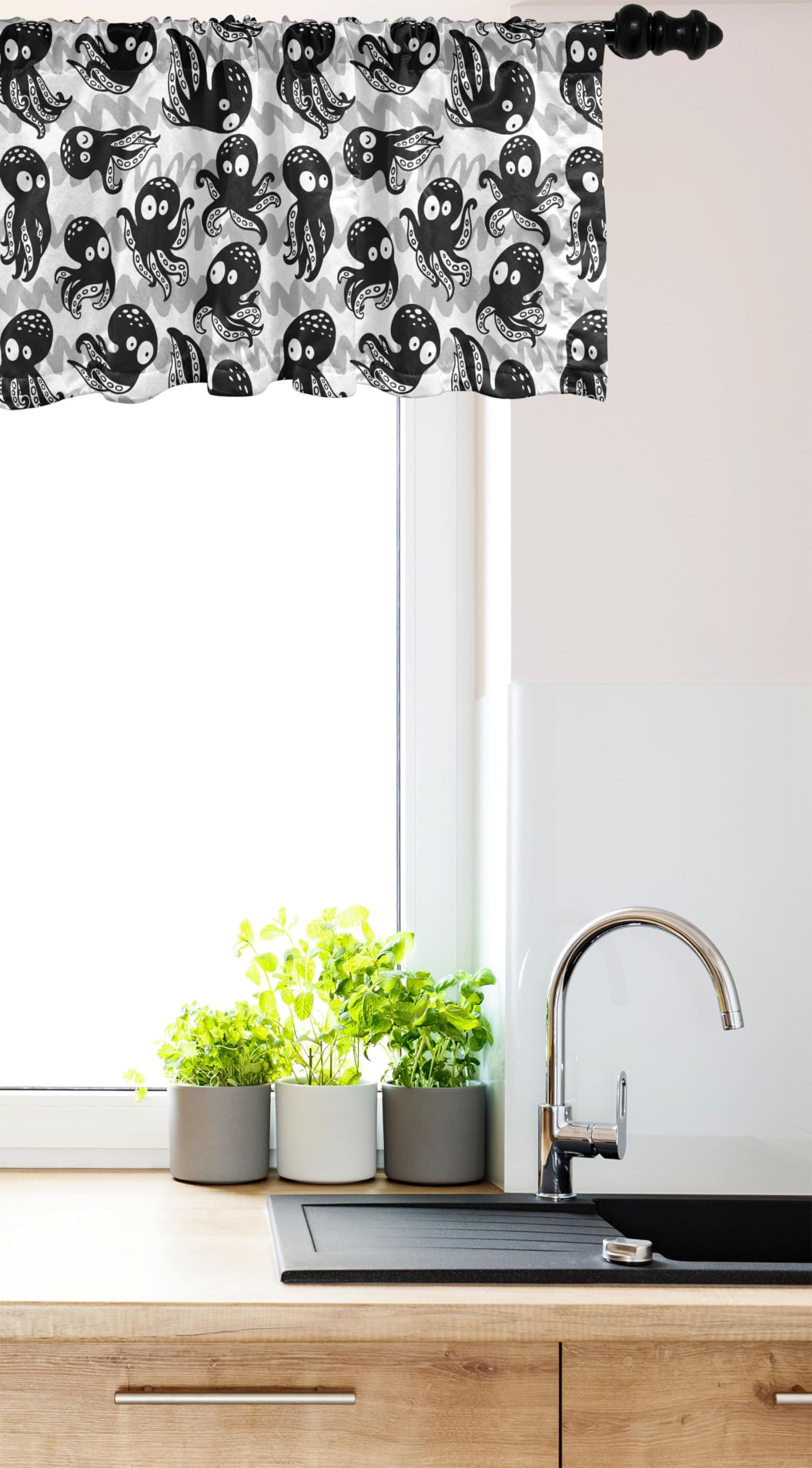 Ambesonne Octopus Window Valance - Playful Cartoon Ocean Animal Design with Rod Pocket (54x18 Inch) | Black Grey White Kitchen & Bedroom Curtain Valance | Perfect for Coastal Themed Decor, Kids' Rooms & Beach House Interiors