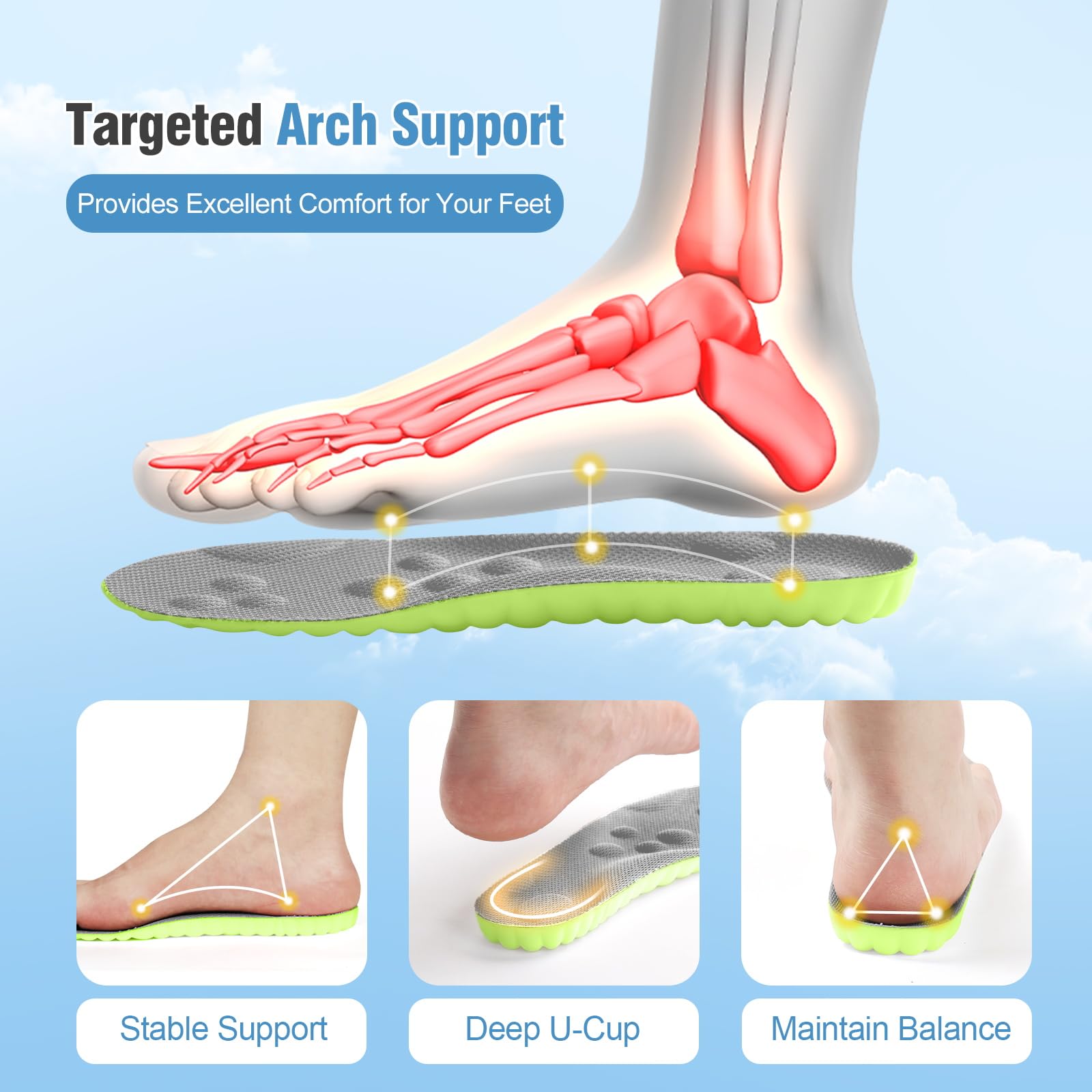 4D Cloud Soles for Women - Soft Memory Foam Cushioning Insoles with Arch Support - Trim to Fit Comfort Insoles for Foot Pain Relief & Fatigue Reduction (US Women's 6.5-9) - Perfect for Running, Walking & Standing All Day
