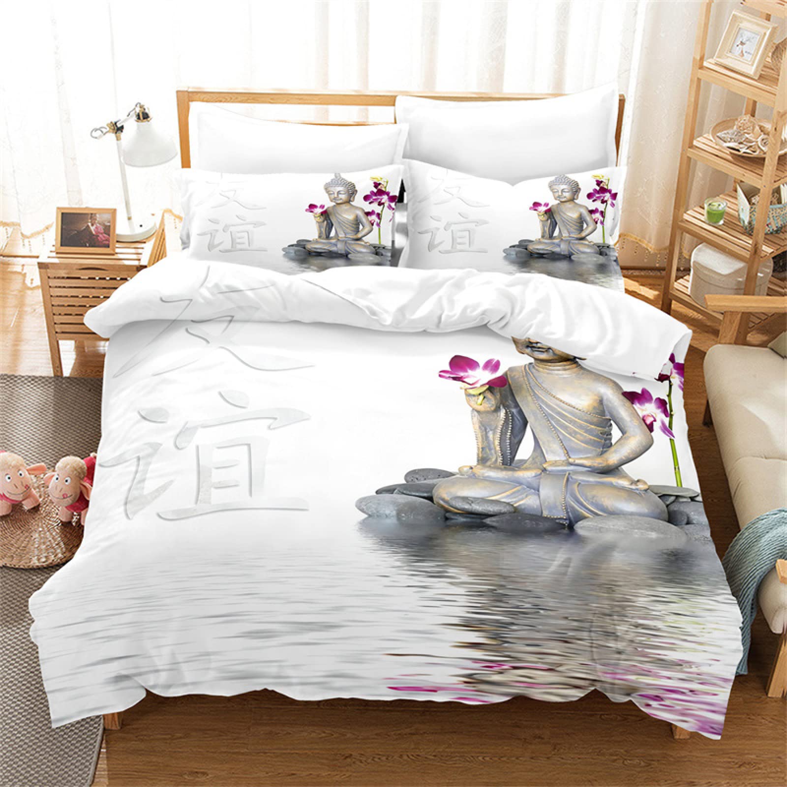 California King Duvet Cover Set - White Microfiber Comforter with Classical Buddha Statue Design & Zipper Closure (104
