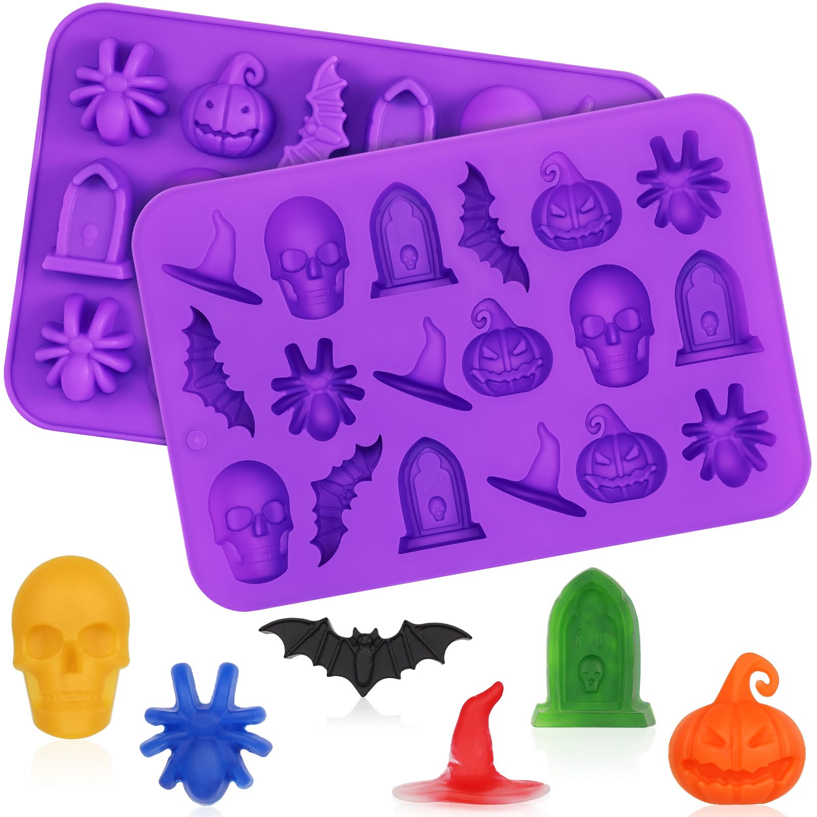 2 Pack Halloween Chocolate Candy Molds - 3D Silicone Mold for DIY Gummies, Jello, Ice Cubes, Jelly & Chocolate Decorations (Purple) | Perfect for Halloween Treats, Party Favors & Baking Supplies