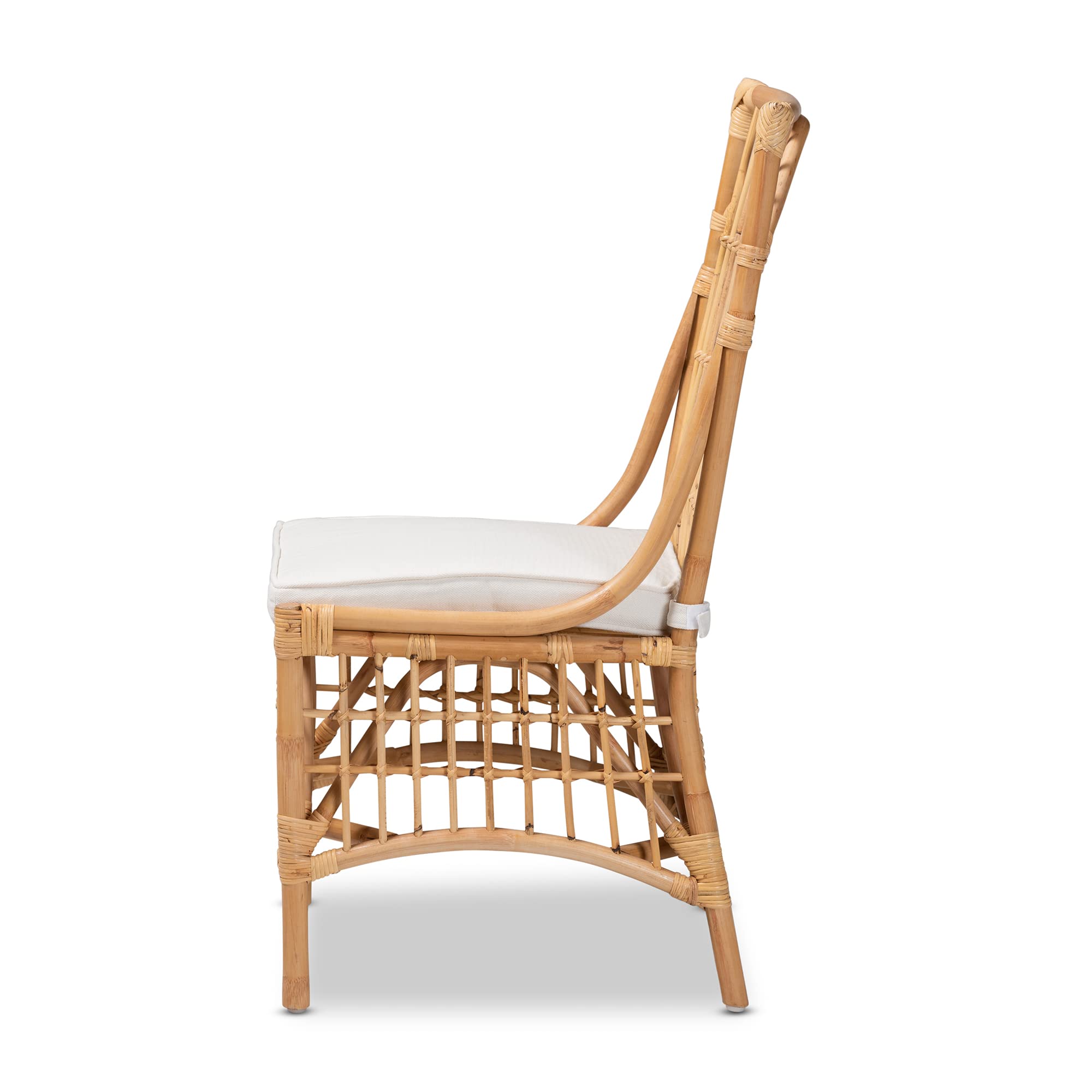 Baxton Studio Rose Dining Chair - White Fabric Upholstered with Natural Brown Rattan - Modern Farmhouse Dining Room Chair for Kitchen, Breakfast Nook, and Outdoor Patio