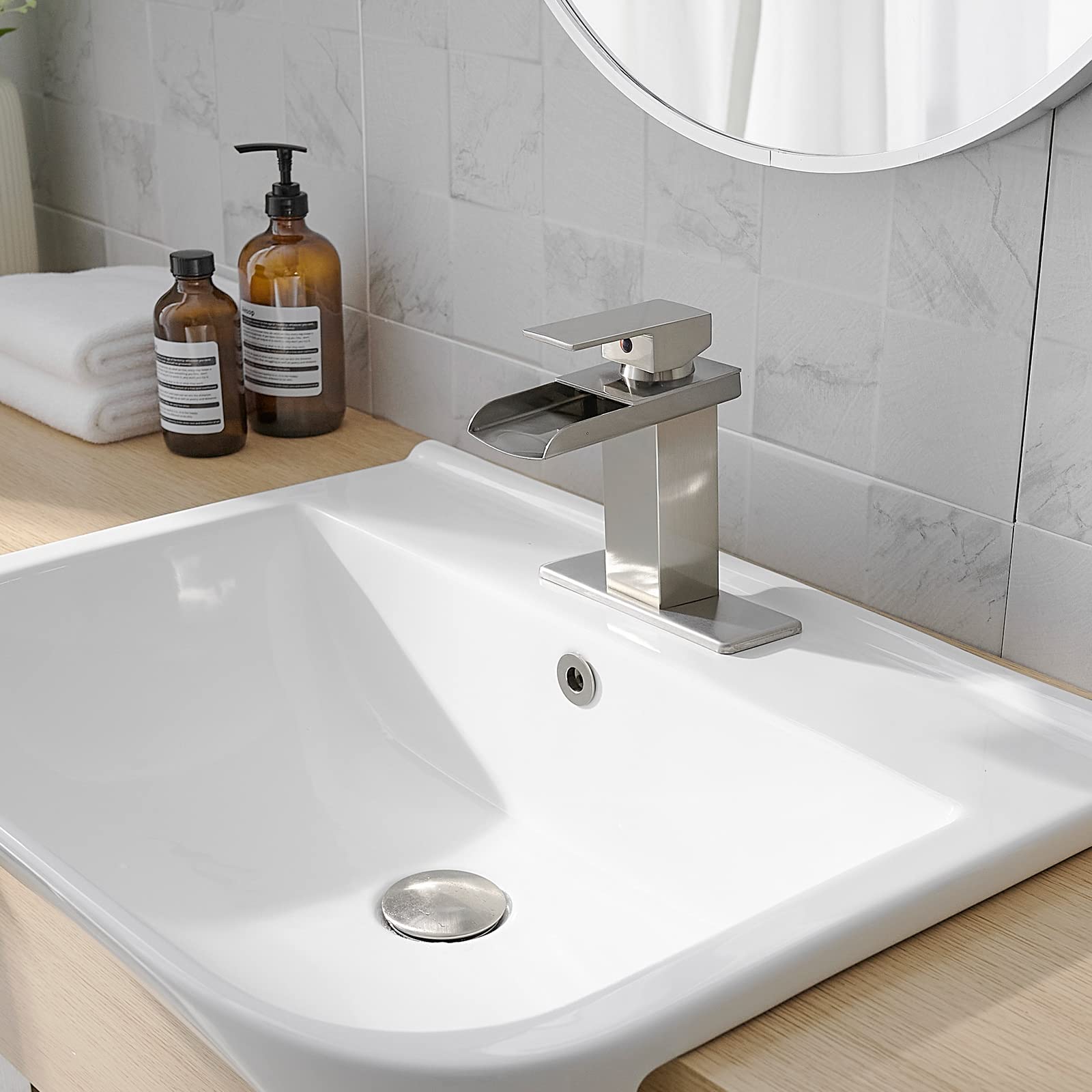 Homevacious Brushed Nickel Waterfall Bathroom Faucet - Single Handle Vanity Sink Faucet with Pop-Up Drain & Deck Plate, Modern Single Hole Lavatory Basin Mixer Tap for Home & Commercial Use - Perfect for Bathroom Renovation & Luxury Hotel Upgrades