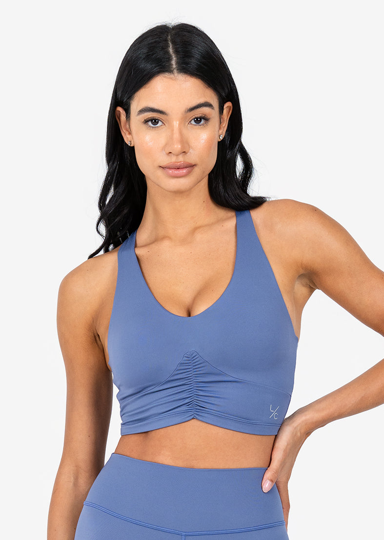 Elevate Touch Ruched Bra & 7/8 Legging Set in Indigo - Comfortable Workout Outfit for Yoga, Gym & Lounge Wear