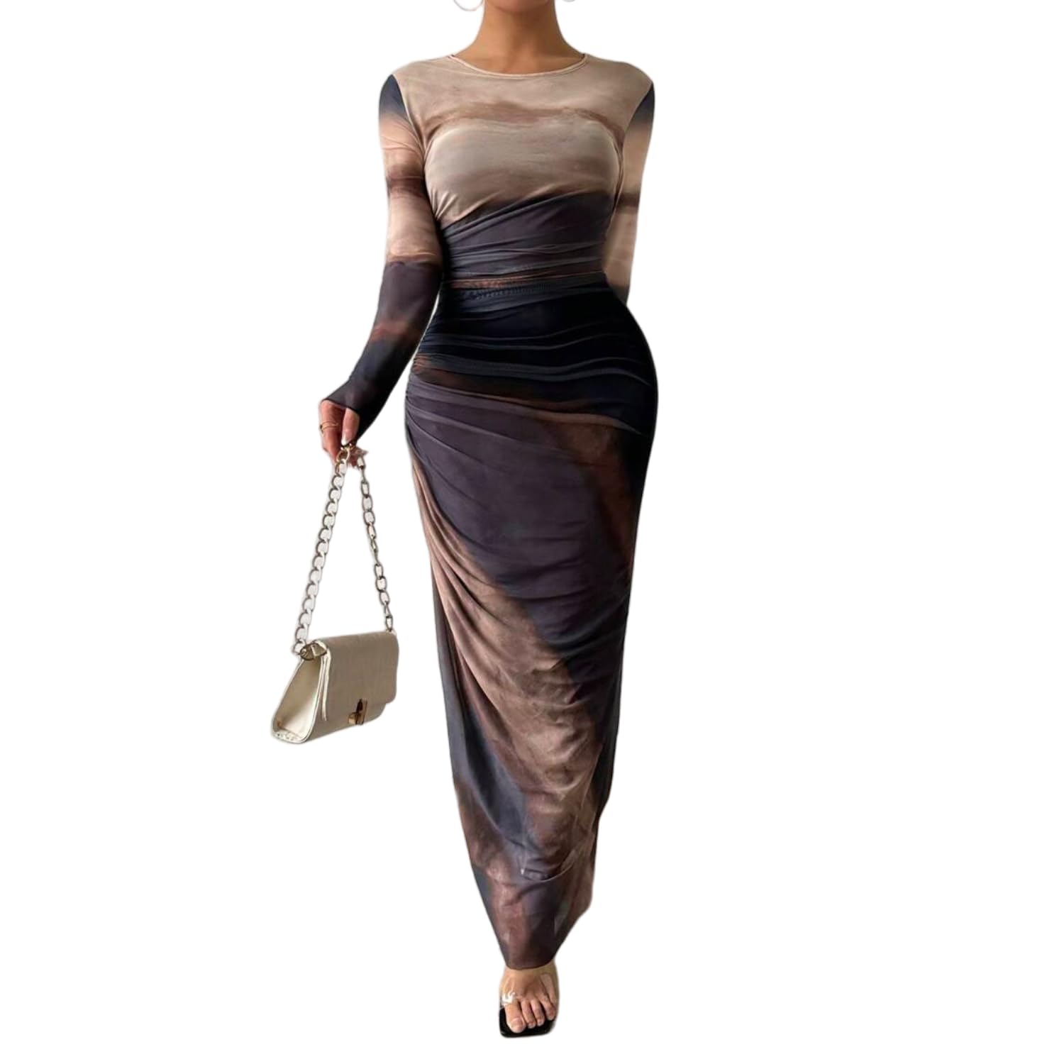 Women's Printed Bodycon Dress Long Sleeve Tie Dye Sexy Maxi Dress with Mesh Layering - Perfect for Parties, Date Nights & Club Wear