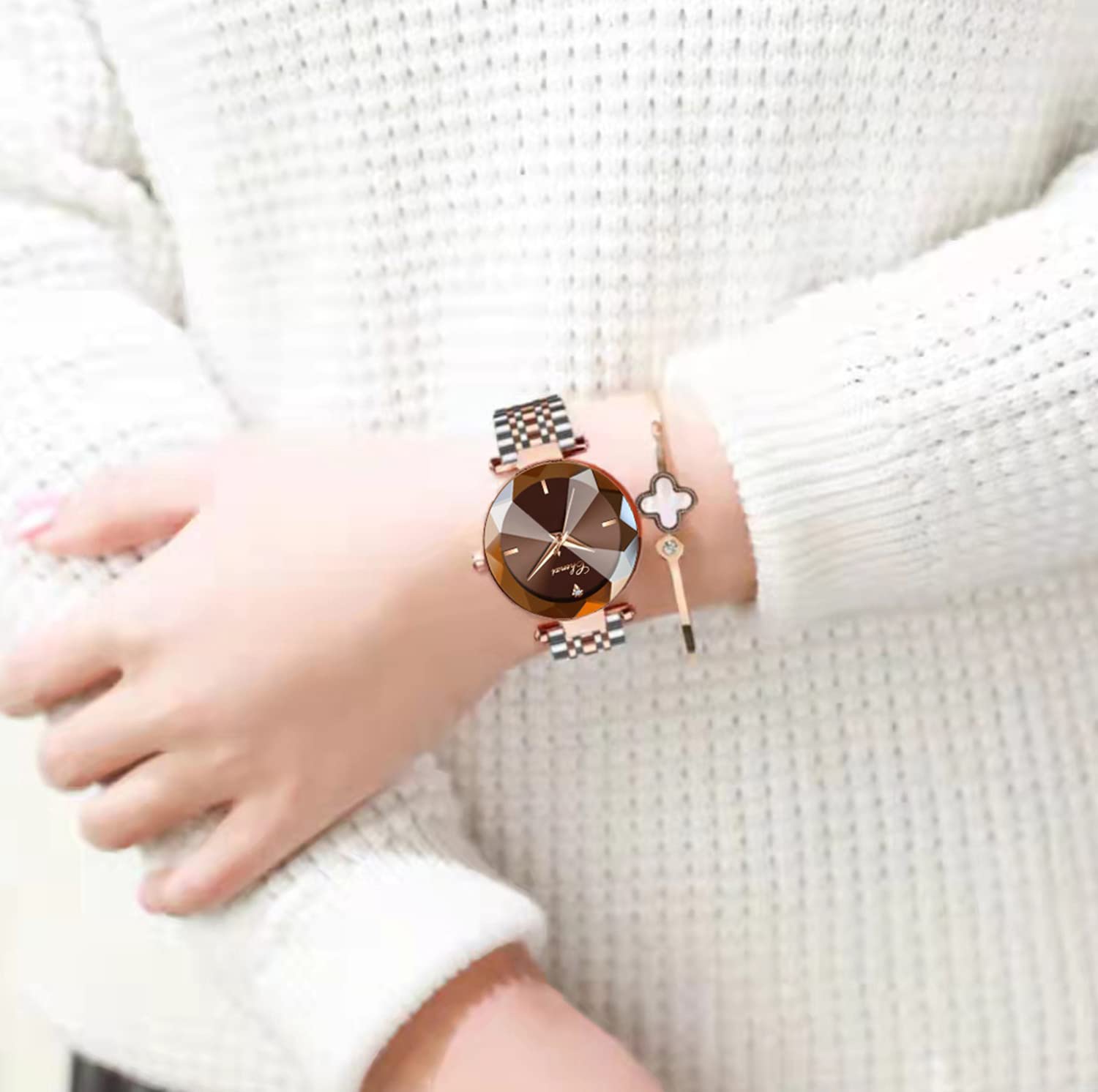 Elegant Women's Analog Quartz Watch with 3D Dial & Rose Gold Mesh Strap - Perfect for Office, Party & Everyday Wear (Brown)