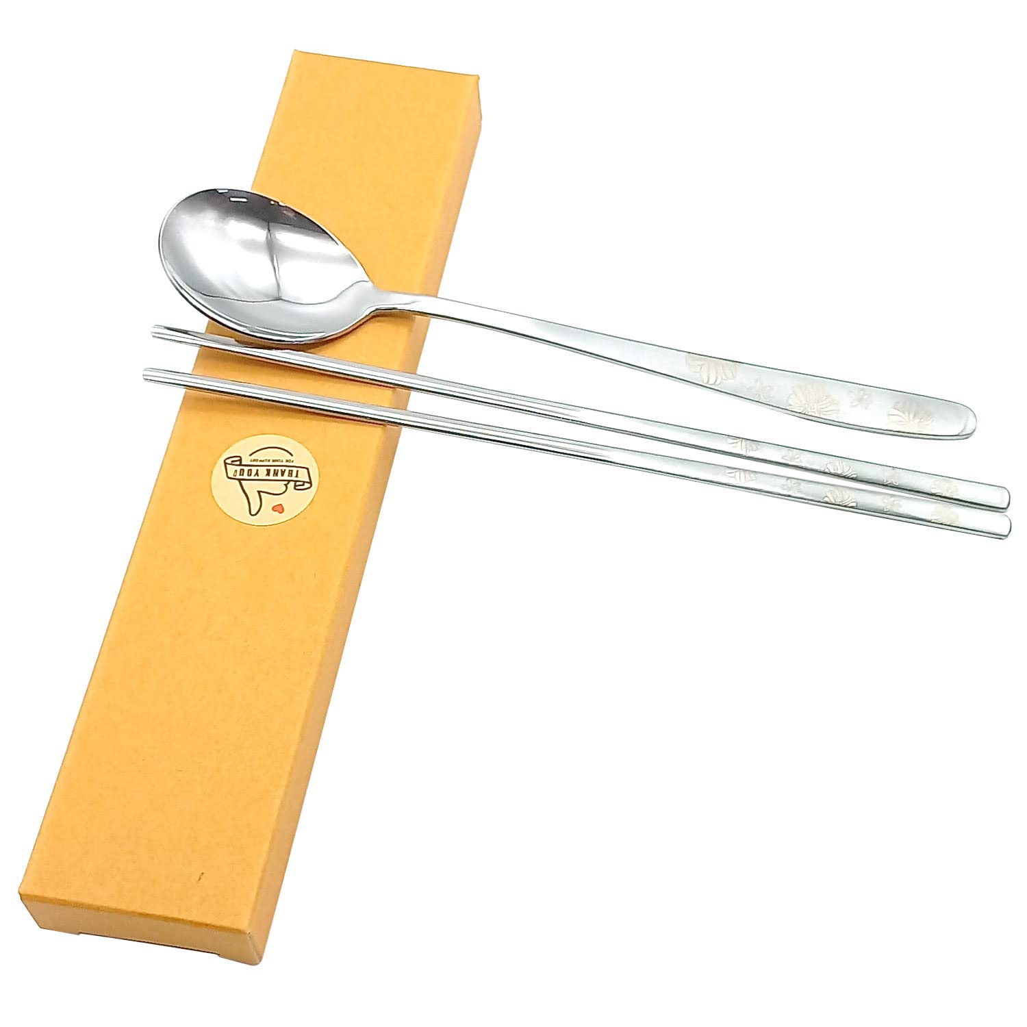 SUPIA Korean Traditional Stainless Steel Cutlery Set - 4 Spoons & 4 Chopsticks with Long Handle, Reusable Tableware (Silver Flower Design) - Perfect for Korean BBQ, Asian Dining, and Home Kitchen Use