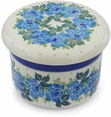 Authentic Polish Pottery 4¼-inch Butter Dish - Handmade Ceramika Artystyczna Blue Garland Design | Comes with Certificate of Authenticity | Perfect for Kitchen, Dining Table & Gift Giving