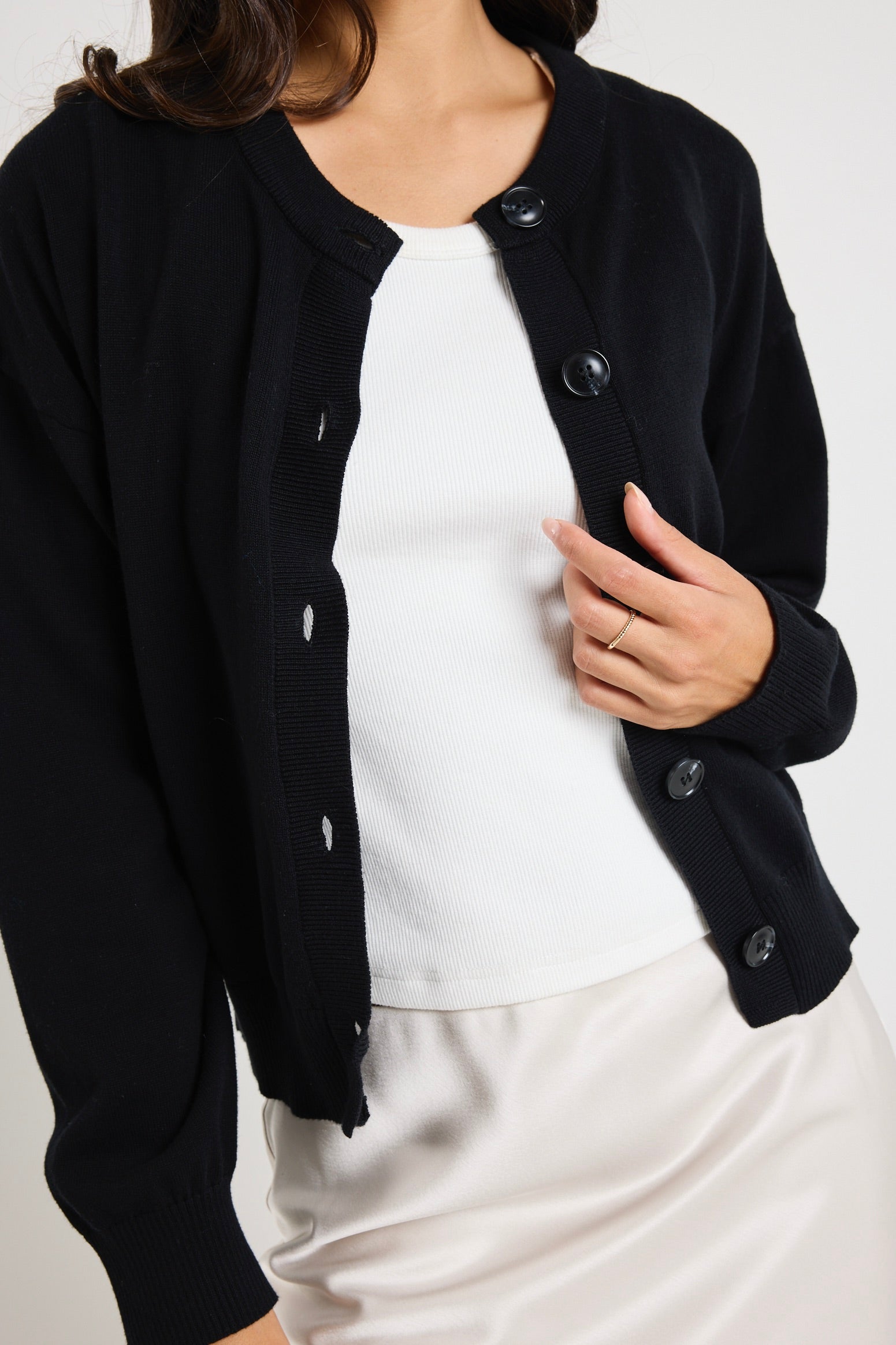 Soft Black Cotton Fine Knit Crew Cardigan for Women - Cozy Fall & Winter Layering Essential