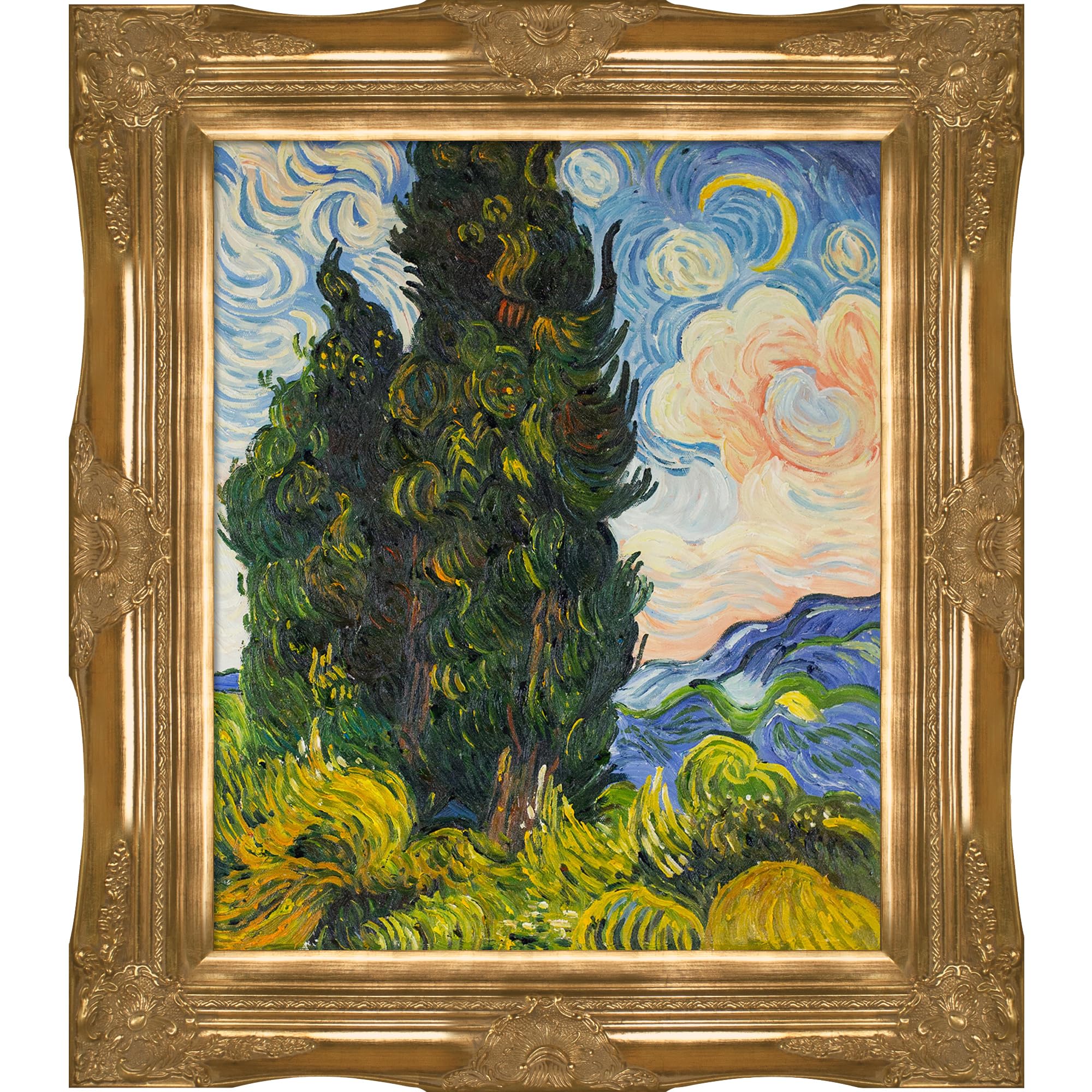 La Pastiche Two Cypresses Oil Painting with Victorian Gold Frame - 20x24 Inch Medium Multi-Color Wall Art - Perfect for Living Room, Bedroom & Office Decor