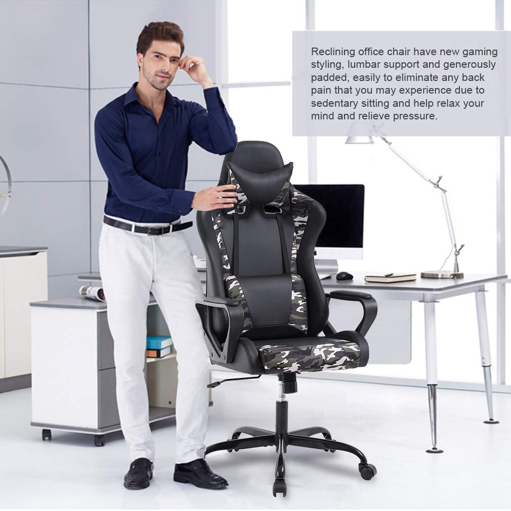 Ergonomic Gaming Chair with Lumbar Support & Headrest - High Back PU Leather Racing Style Office Chair with Adjustable Arms & Swivel Base - Perfect for PC Gaming, Home Office & Workstation (Camo Design) - Ideal for Adults, Women & Teen Gamers