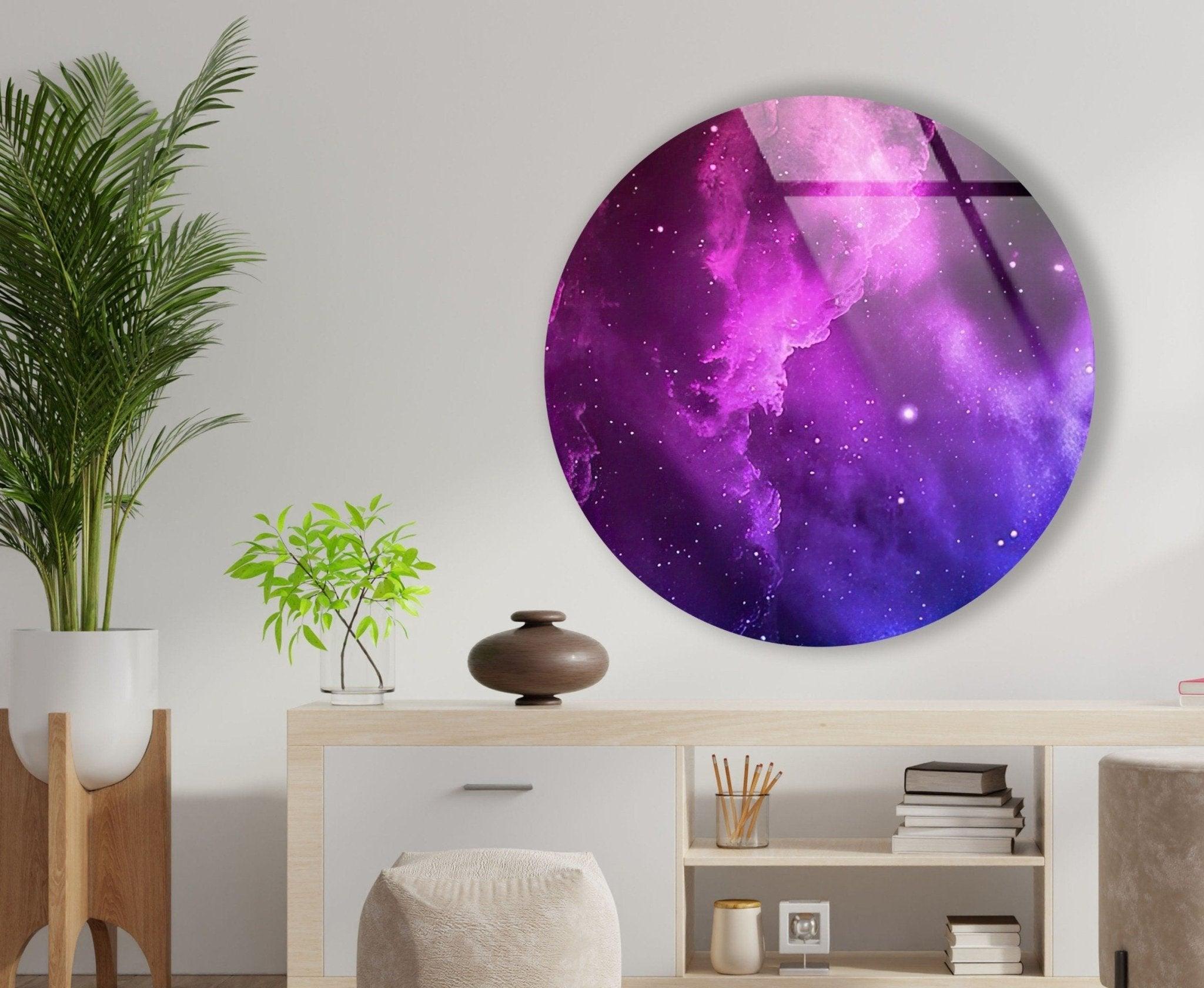 Abstract Round Purple Smoke Glass Wall Art - Modern Home Decor for Living Room, Bedroom & Office - Handmade Glass Wall Hanging for Unique Interior Design