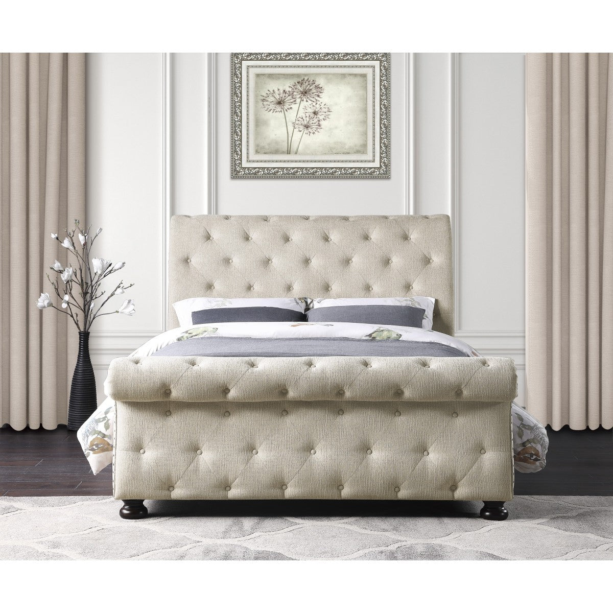 Luxury Beige Chenille Tufted King Size Bed Frame with Nailhead Trim - Elegant Bedroom Furniture for Master Suite & Guest Room Decor
