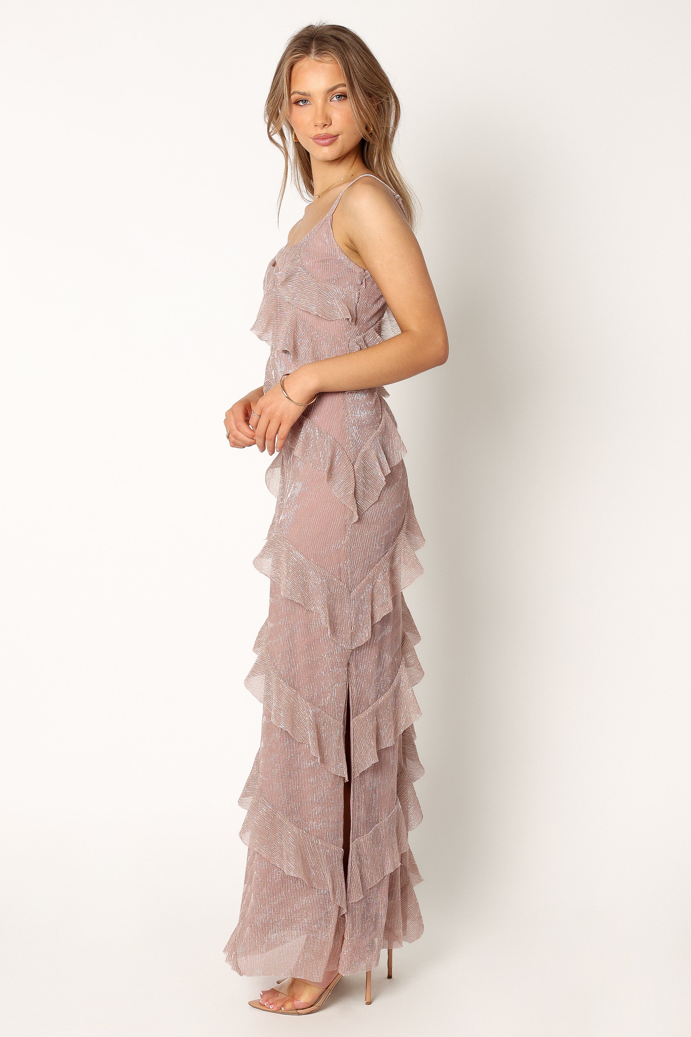 Ciao Ruffles Maxi Dress for Women - Elegant Dusty Lavender Flowy Long Dress for Summer, Beach, Wedding & Special Occasions
