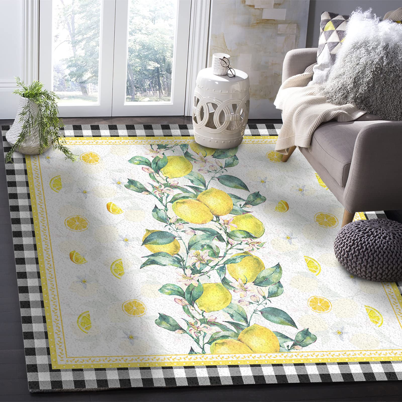 5'x8' Large Non-Slip Area Rug - Black and White Plaid Pattern for Living Room, Bedroom, Kitchen | Durable Floor Mat for Kids Room, Home Decor with Marble Backdrop | Perfect for Farmhouse, Modern & Rural Style Homes