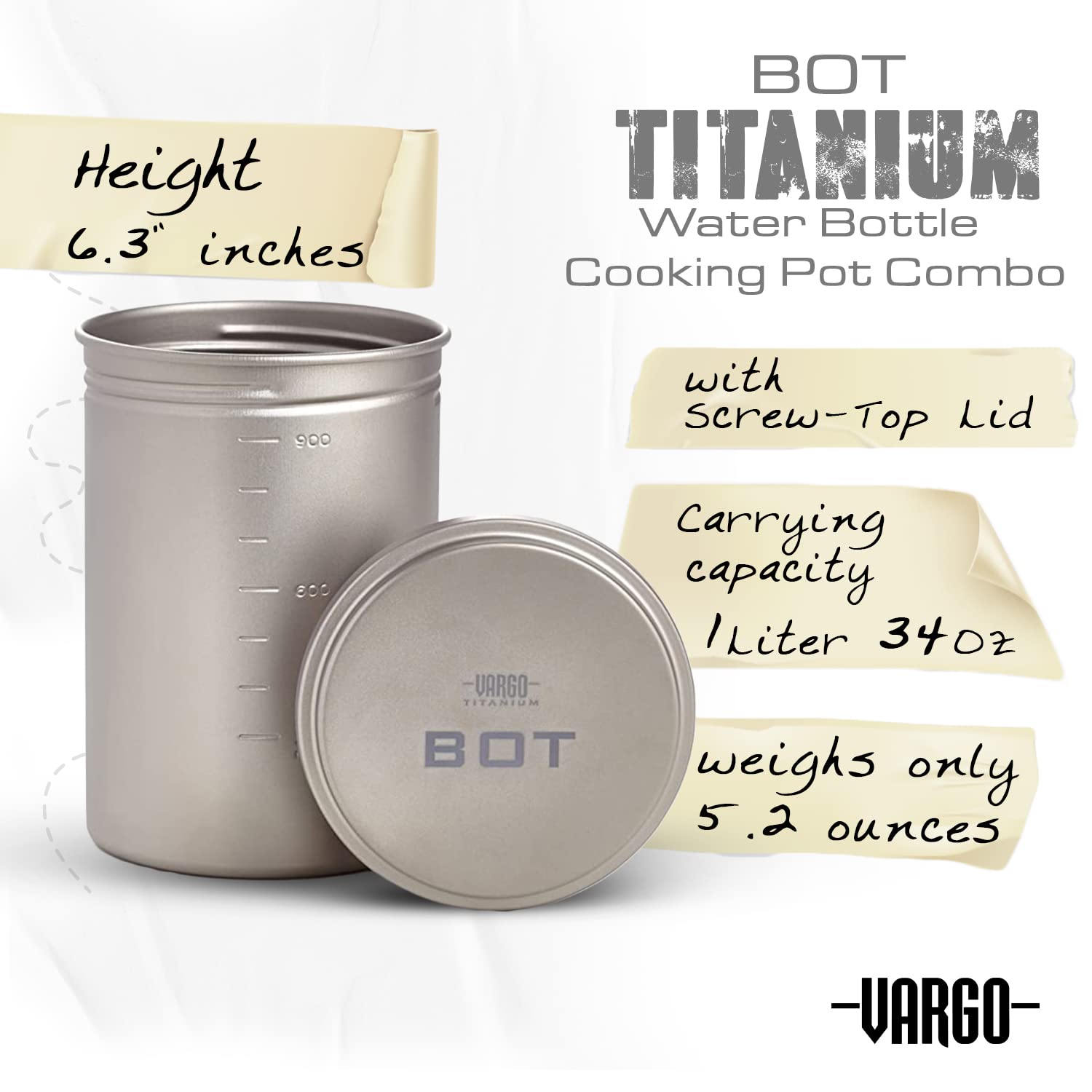 Vargo Titanium BOT Series 1L (34oz) Ultralight Water Bottle & Cooking Pot - Only 147g (5.2oz) - Perfect for Backpacking, Camping & Outdoor Adventures - Boil, Store & Drink Water Anywhere