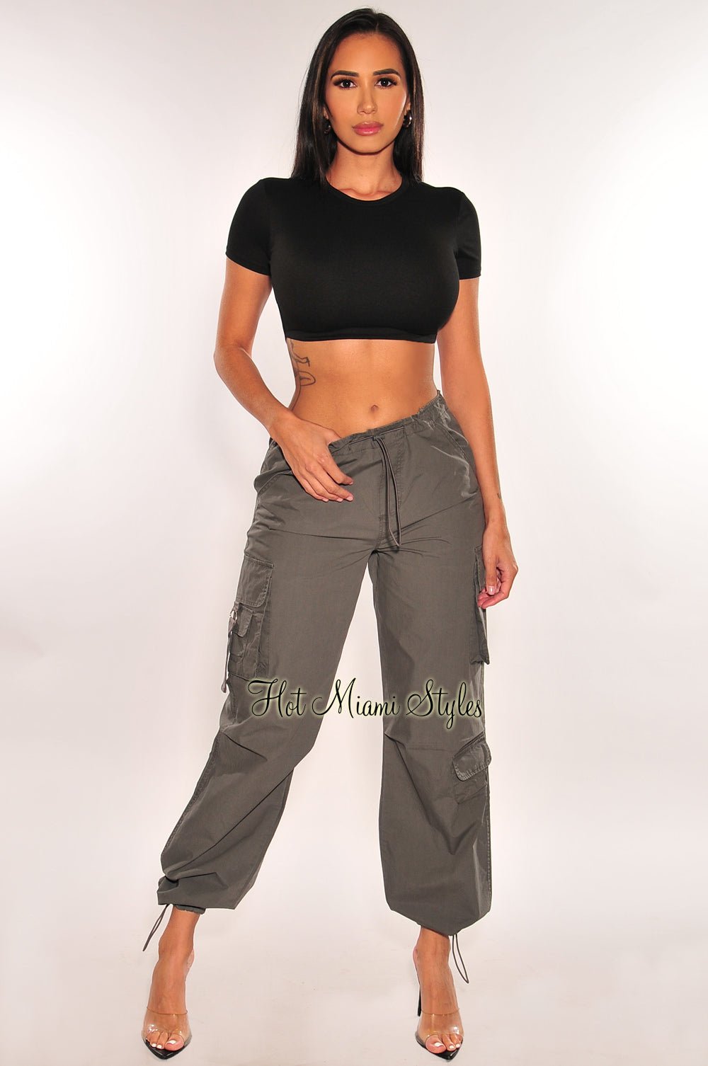 Charcoal High Waist Drawstring Cargo Parachute Pants for Women - Stylish Utility Pants for Outdoor Adventures, Streetwear & Casual Fashion