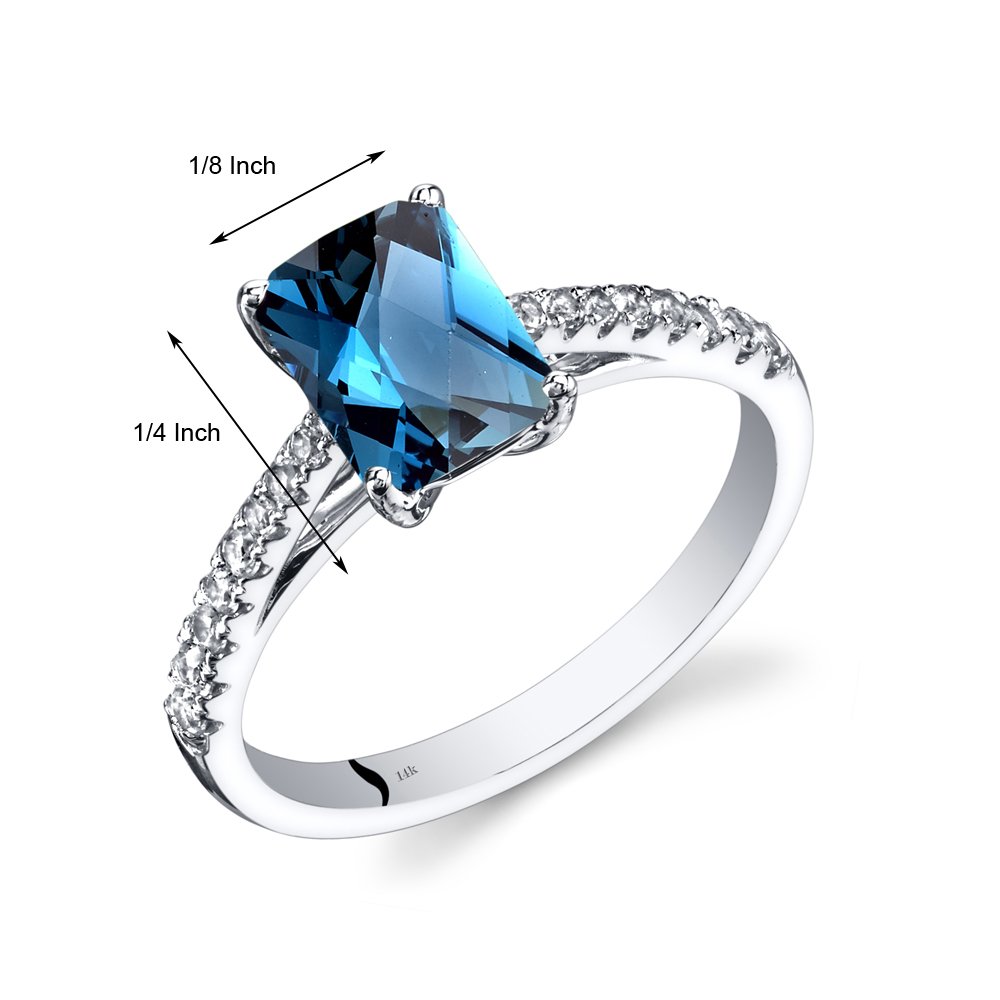 14K White Gold London Blue Topaz & White Topaz Solitaire Ring for Women | Genuine 1.75ct Radiant Cut Gemstone (8x6mm) | Birthstone Jewelry | Sizes 5-9 | Perfect for Anniversary Gifts, Engagement Rings & Special Occasions