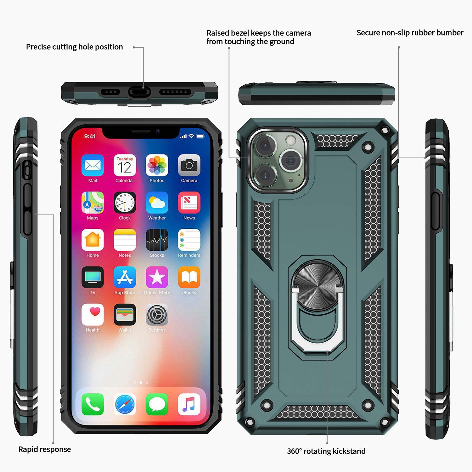 Military-Grade Shockproof iPhone 11 Pro Max Case with Tempered Glass Screen Protector [2 Pack] - Green Heavy Duty Phone Cover with Ring Kickstand for Apple iPhone 11 Pro Max 6.5 Inch | Perfect for Outdoor Activities, Work & Travel Protection