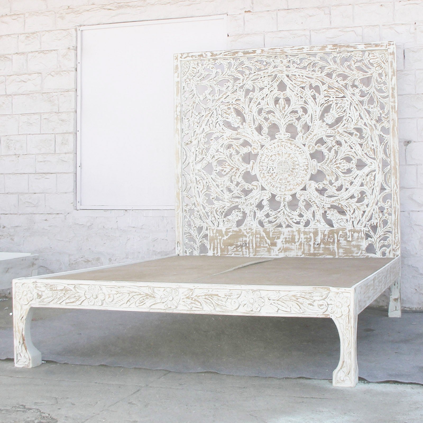 Hand Carved Indian Solid Wooden Nadia Bed Frame in White | Dynasty Furniture | Perfect for Master Bedroom, Guest Room & Modern Home Decor