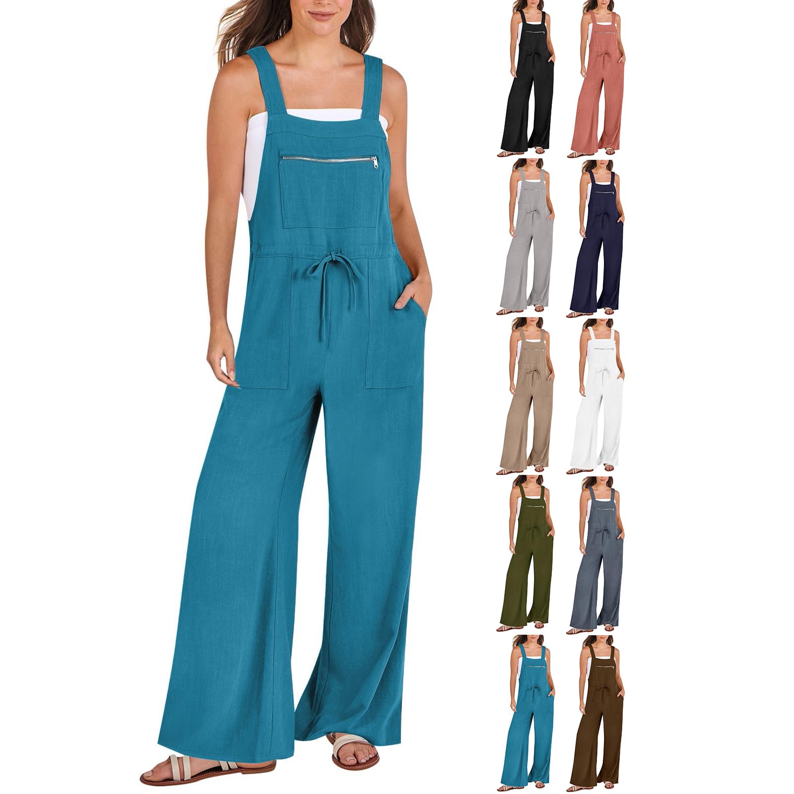 Women's Linen Wide Leg Overalls - Loose Fit Jumpsuit with Pockets | Summer Vacation Outfits, Beach Cover-Up & Casual Boho Style