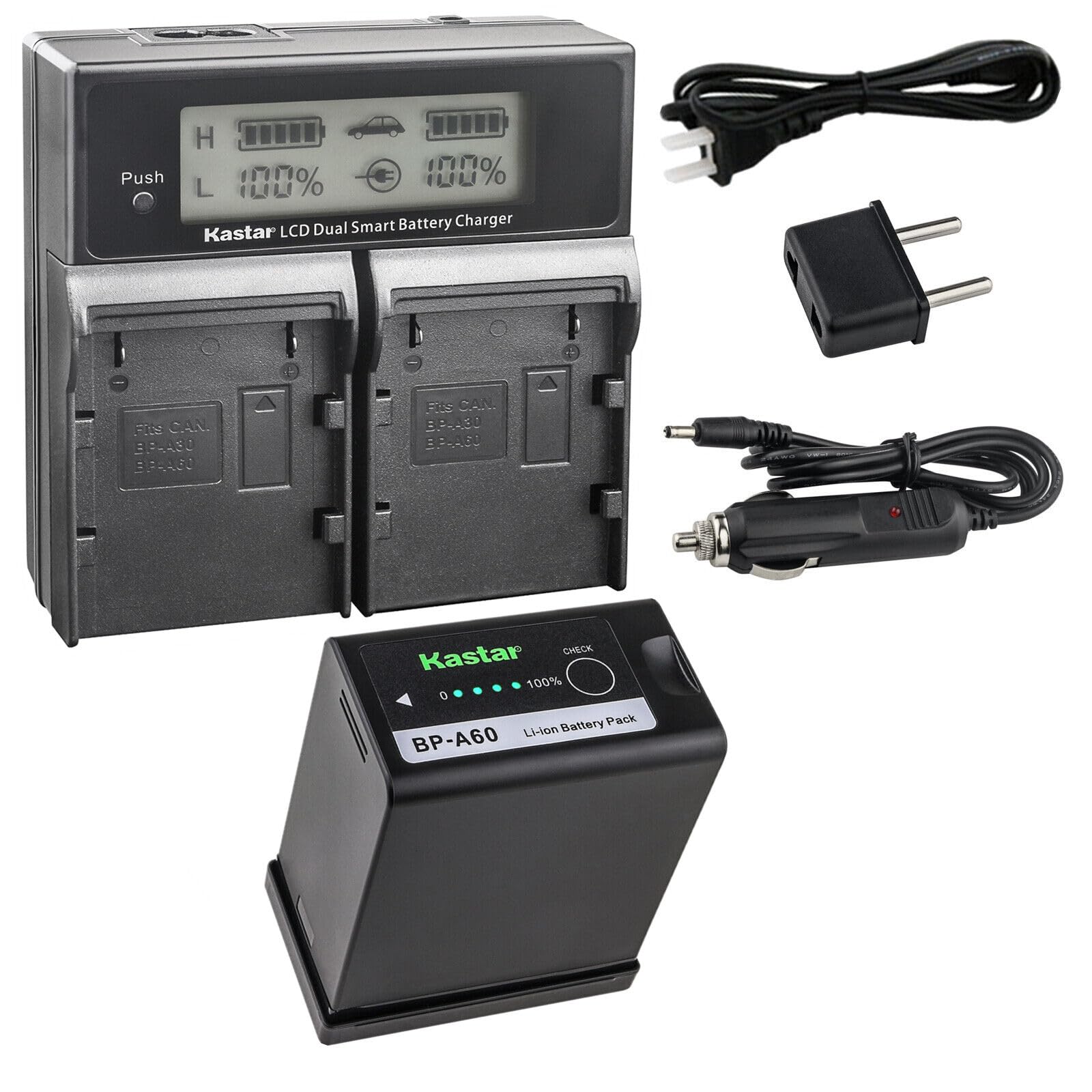Kastar BP-A60 Battery & AC LCD Dual Fast Charger for Canon BP-A30 BP-A60 BP-A65 BP-A90 US 0870C002 Battery & CG-A10 CG-A20 Charger | Compatible with Canon EOS C500 Mark II 6K Full-Frame Camera | Professional Photography & Videography Power Solution
