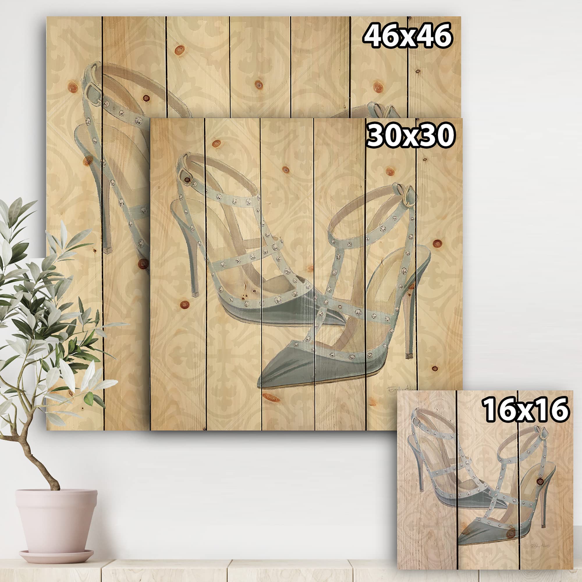 DesignQ Glam Cosmetics Blue Shoes Traditional Wood Wall Decor - Handcrafted Blue Wood Wall Art, Large Fashion Wood Panels Printed on Natural Pine - Perfect for Home, Office & Boutique Decor