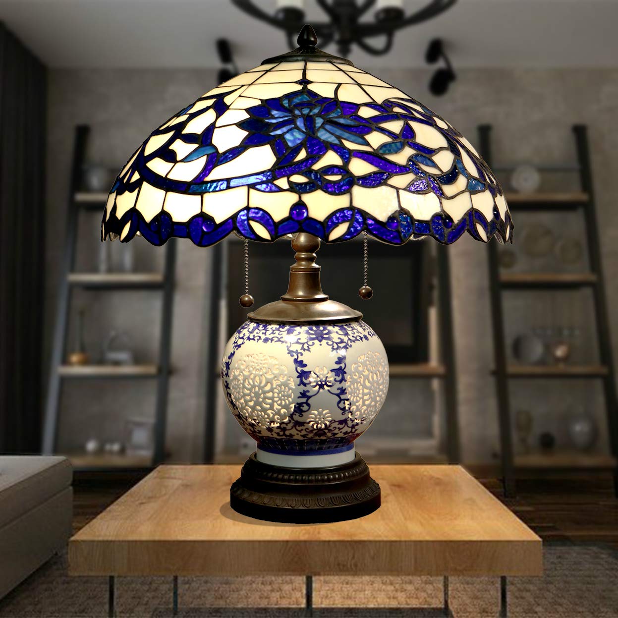 Tiffany-Style Table Lamp with Blue Glass - 3-Light Double-Lit 21-Inch Decorative Lamp for Living Room, Bedroom & Office | DYL451-743 Akiko Collection