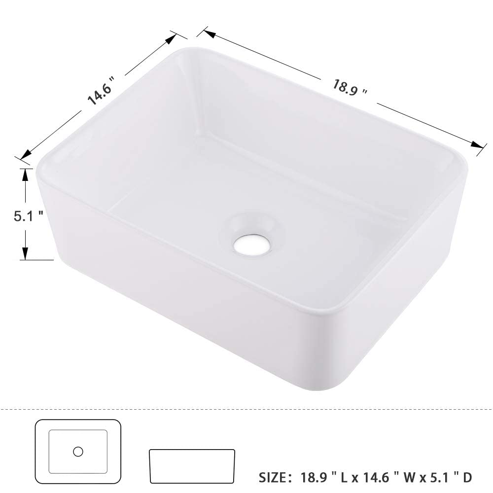 WMXQX 19x15 Inch White Porcelain Rectangle Vessel Sink with Faucet and Drain Combo - Above Counter Bathroom Vanity Sink Set for Modern & Contemporary Bathrooms