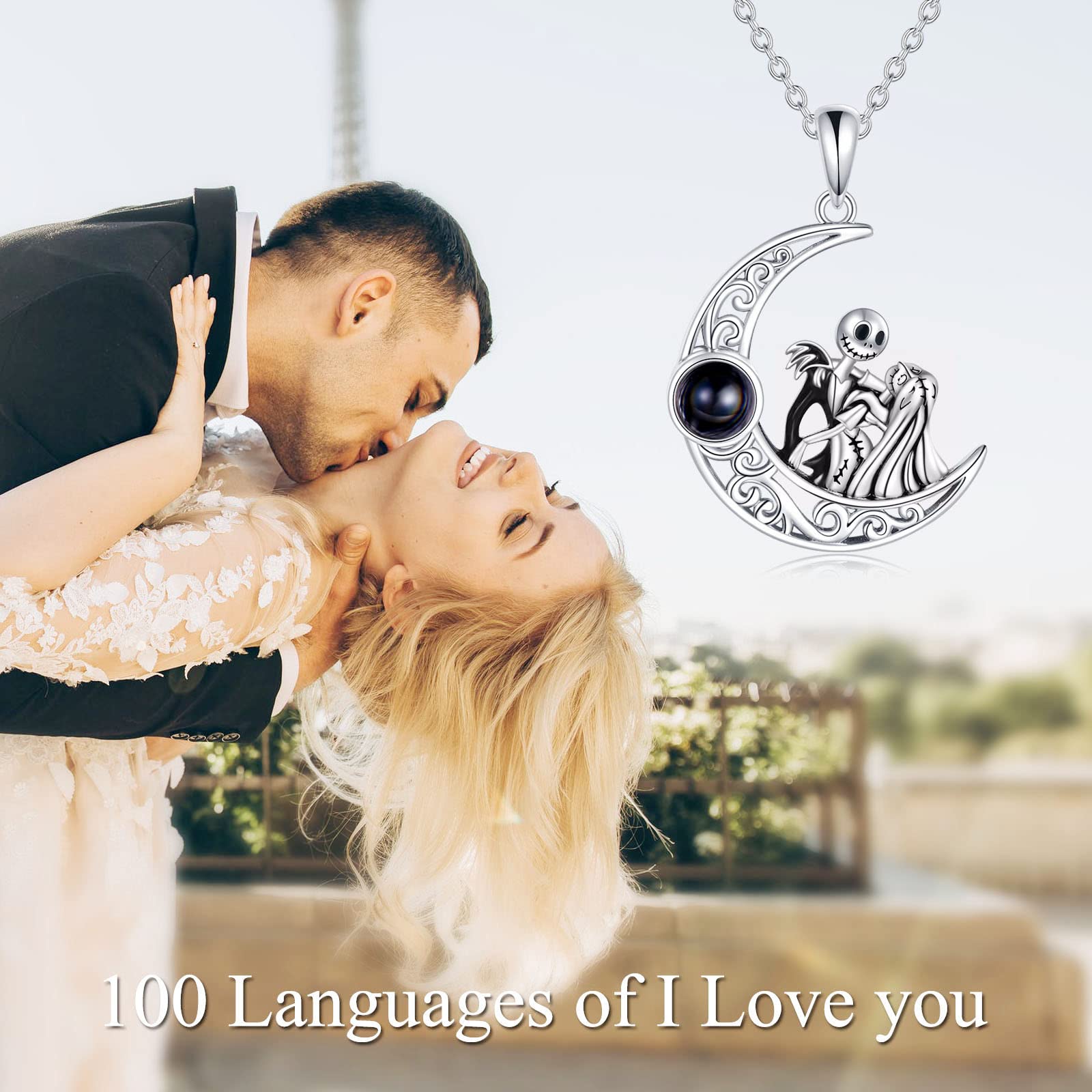 LILALO Nightmare Before Christmas Necklace - 925 Sterling Silver Jack & Sally Pendant with Zero Charm - Gothic Jewelry for Halloween, Cosplay, and Gift Giving