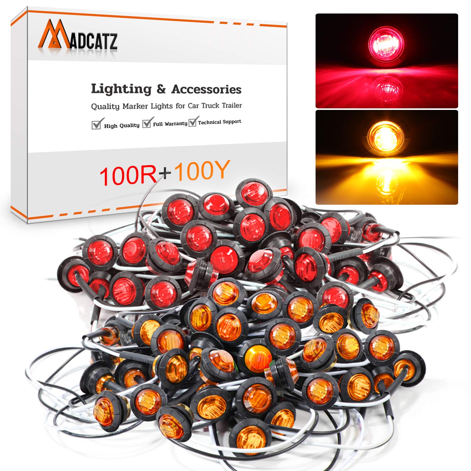 MADCATZ 3/4 Inch Round Side Marker Lights - Amber/Red 3LED for Trucks, Trailers, Boats & Buses - 12V DC Pack of 200 - Durable Vehicle Safety Lights for Night Visibility & Road Compliance