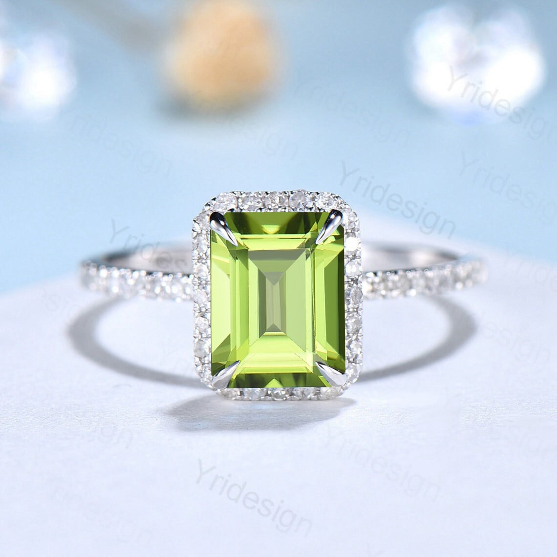 2CT Emerald Cut Peridot Engagement Ring Set with Halo Diamonds in Solid 14K White Gold - Wedding, Bridal, Anniversary Gift for Her - Perfect for Proposals, Vows Renewal & Special Occasions