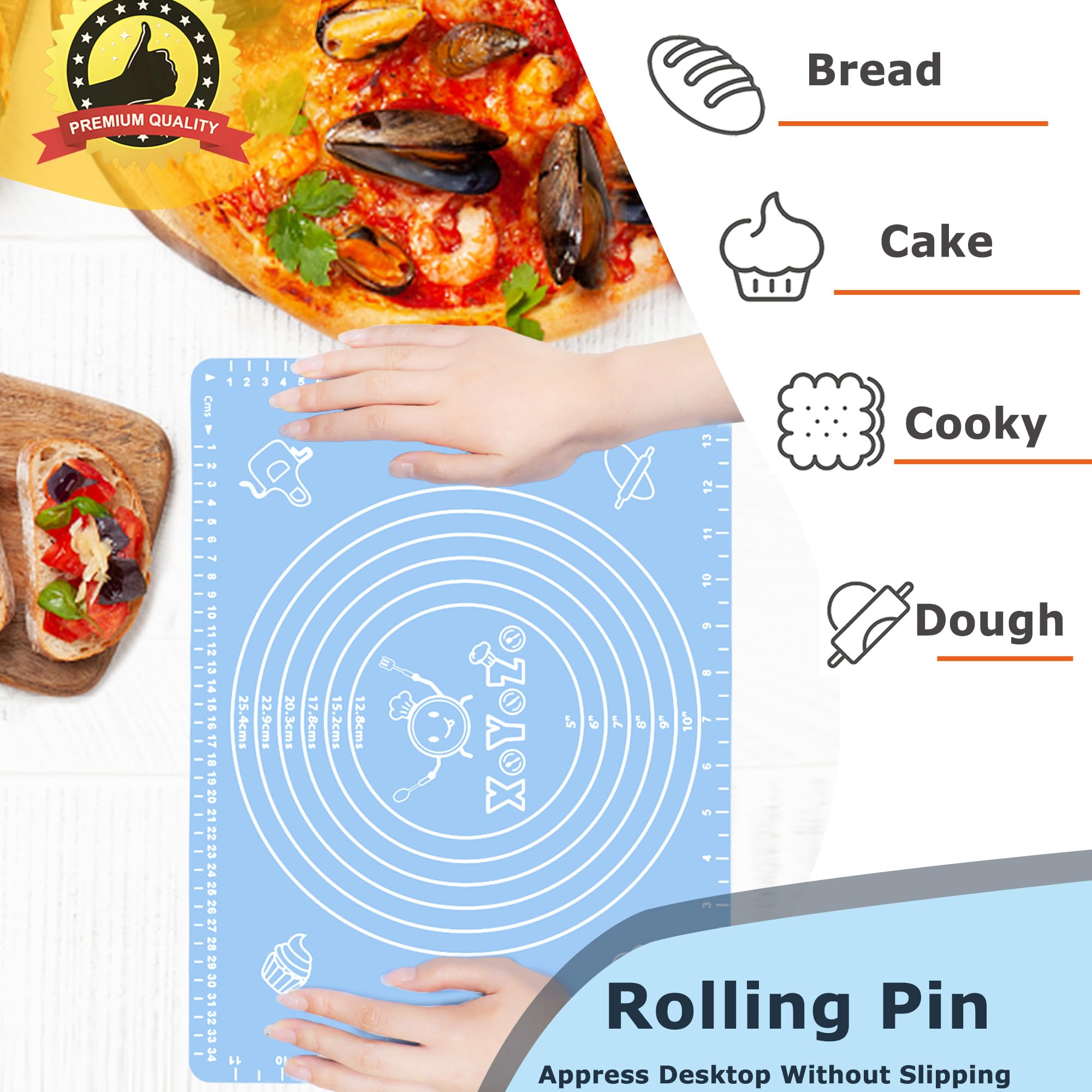 Non-Stick Silicone Rolling Pin & Baking Mat Set - Premium Dough Roller for Pizza, Biscuits, Bread & Pastry - Perfect for Home Baking, Kitchen Essentials & Holiday Cooking Gifts