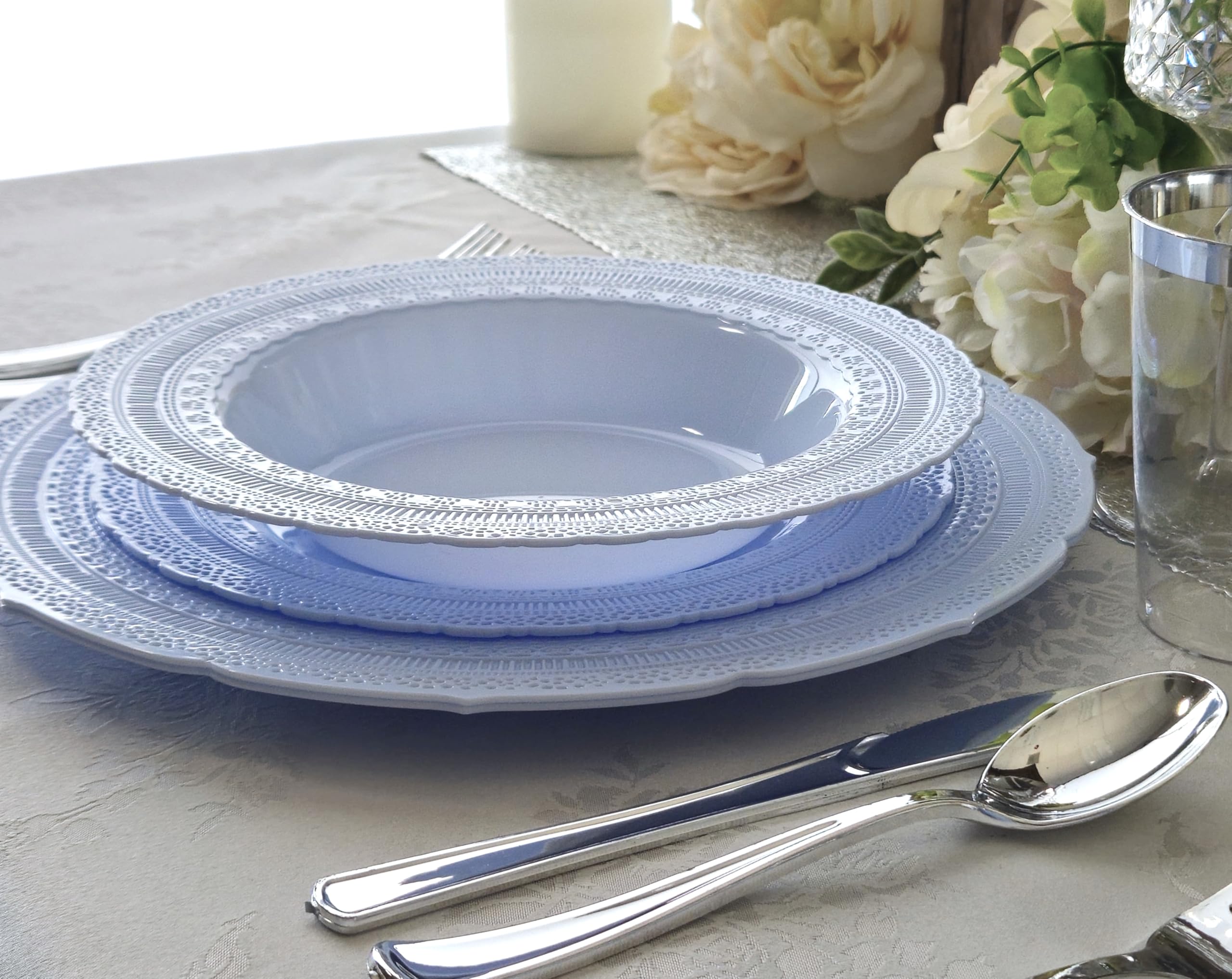 40-Piece Heavyweight Disposable Plastic Plates Set - Vintage Chateau Blue 14oz Soup Bowls for Weddings, Parties & Events | Durable Dinnerware for Catering, Picnics, BBQs & Family Gatherings