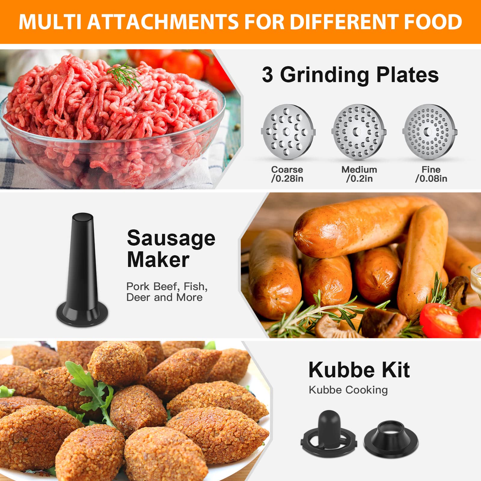 2500W Electric Meat Grinder & Sausage Stuffer - Heavy Duty Stainless Steel Food Processor with Sausage Tubes & Kubbe Maker - Perfect for Home Kitchen, Butcher Shop & Commercial Use - Make Burgers, Sausages & Ground Meat Easily