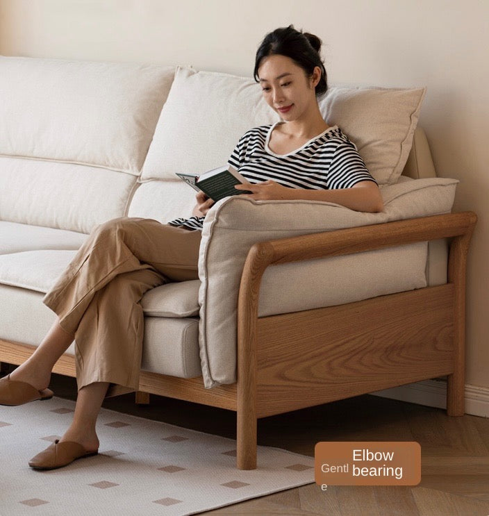 Premium Oak Solid Wood White Goose Down Cotton Sofa - Luxurious Comfort for Living Room, Lounge & Home Decor