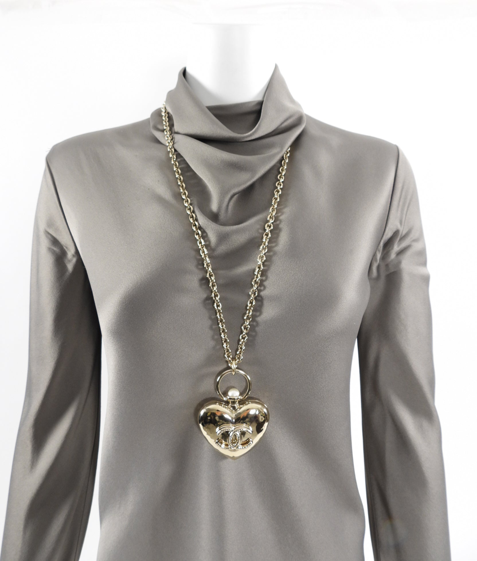 Chanel 22C Gold Tone Pearl Puff Heart Locket Necklace - Elegant Pearl Pendant for Women | Perfect for Valentine's Day Gifts, Anniversary Presents & Formal Occasions