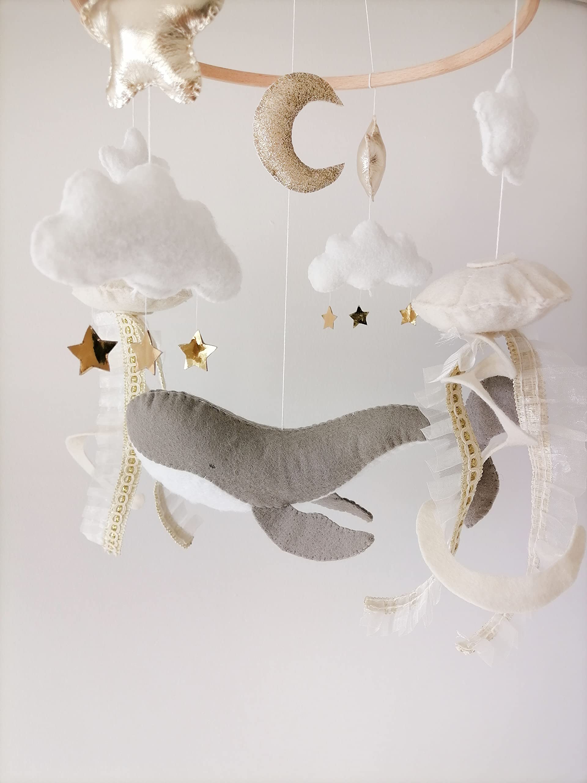 Whale Baby Mobile - Ocean Themed Crib Mobile with Jellyfish, Gold Star & Moon - Under The Sea Felt Animals for Neutral Nursery - Perfect Baby Shower Gift for Newborns & Toddlers - Ideal for Bedroom Decor & Sensory Development