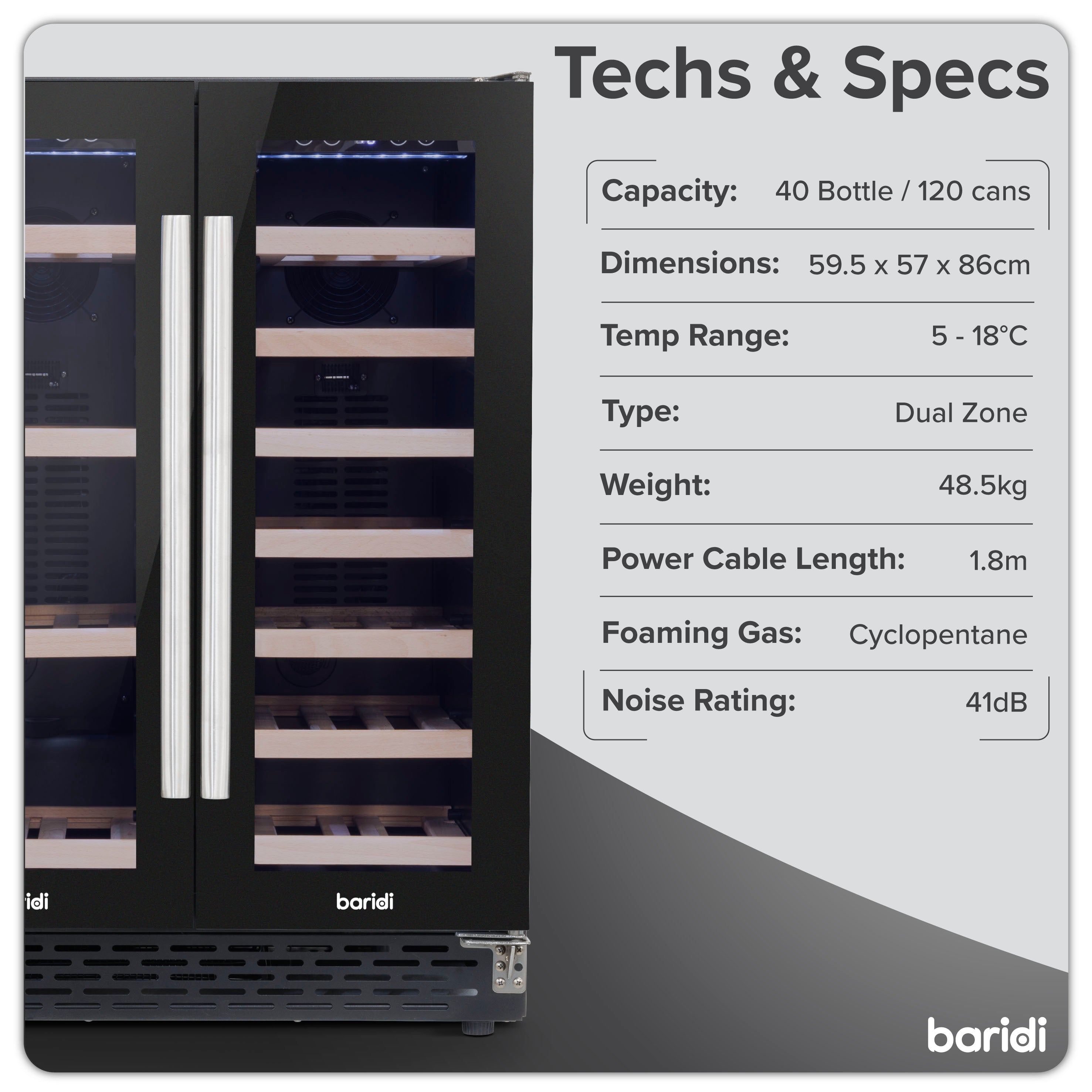 Baridi 40 Bottle Dual Zone Wine Cooler & Beverage Refrigerator - Freestanding or Under Counter for 120 Cans - Perfect for Home Bars, Kitchens & Entertaining Spaces
