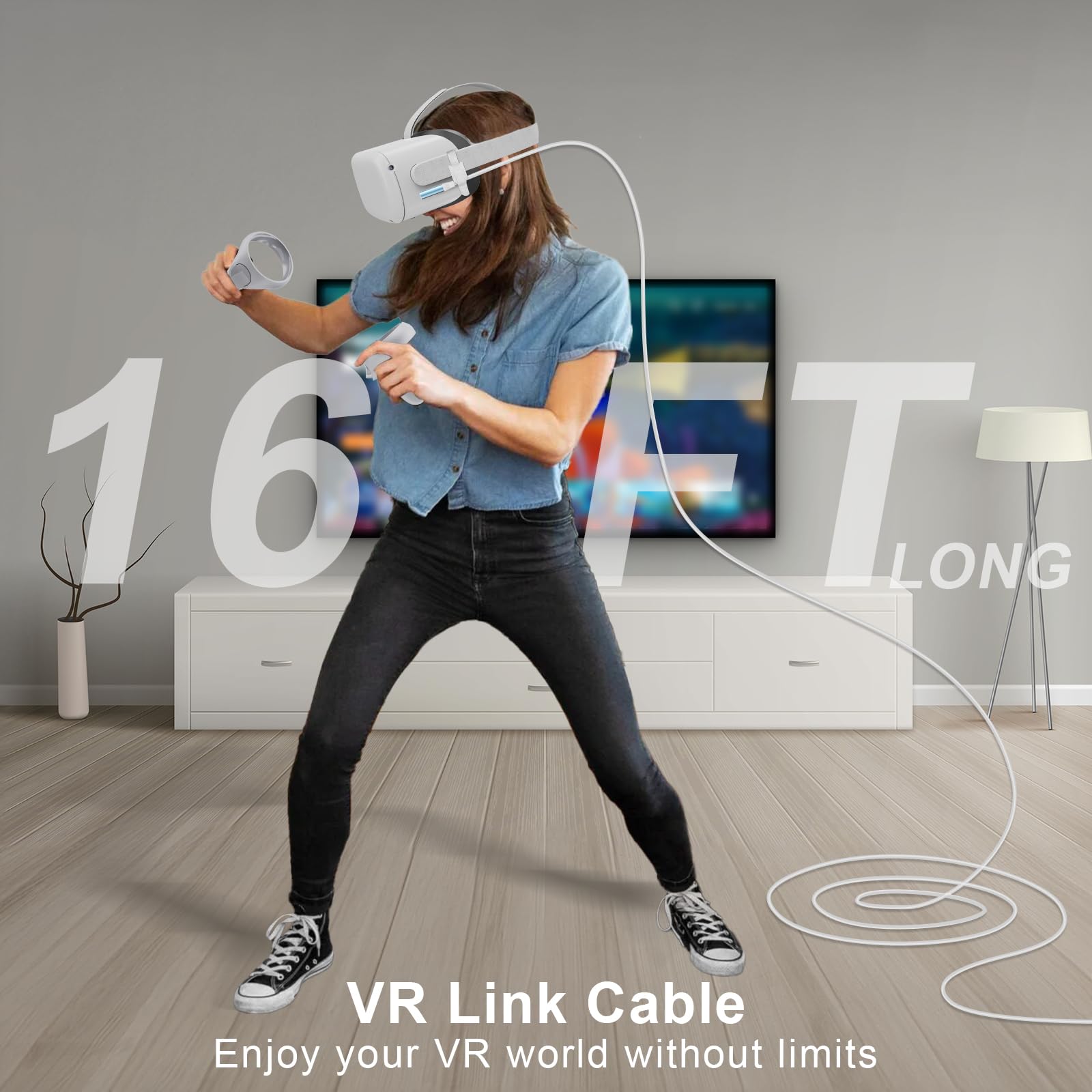 16FT Oculus Quest 2/1 Link Cable with Adapter - USB 3.0 to USB C High Speed Data Transfer & Charging Cord for VR Headset - Separate Charging Port - Perfect for PC Gaming & VR Setup